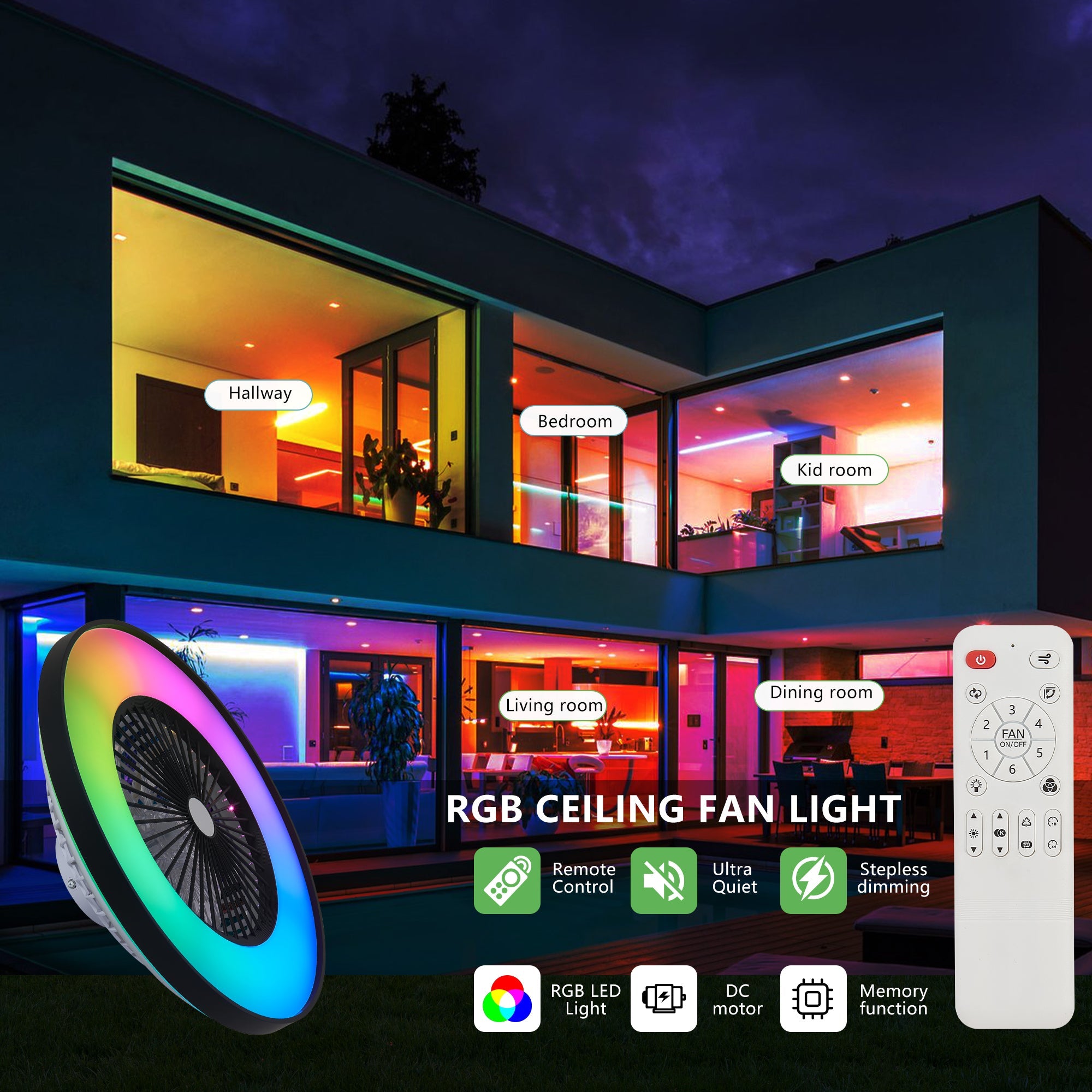 23-Inch Black and White Ceiling Fan Light with LED RGB by HouseOfZazla