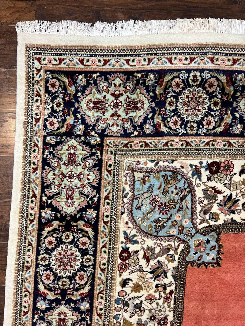Persian Tabriz Rug 10x13, Wool Hand Knotted Vintage Carpet, Salmon Red & Ivory, Semi Open Field, Birds & Animal Motifs, Large Rug by Jewel Rugs