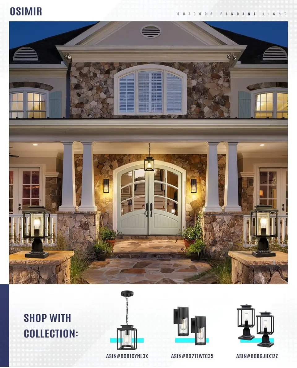 Brand New Osimir Outdoor Pendant Light for Porch, 1-Light Black Hanging Porch Light Modern Exterior Hanging Lantern with Cylinder Glass and Adjustable Chain for Gazebo, 2353/1H by Selzalot