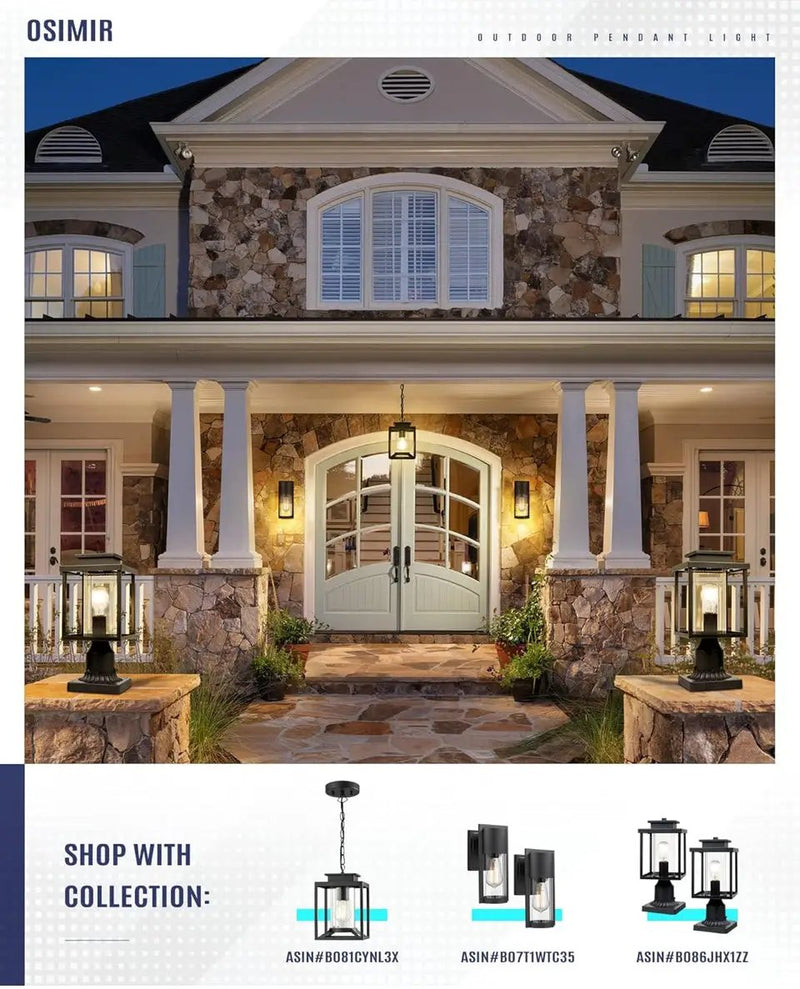 Brand New Osimir Outdoor Pendant Light for Porch, 1-Light Black Hanging Porch Light Modern Exterior Hanging Lantern with Cylinder Glass and Adjustable Chain for Gazebo, 2353/1H by Selzalot