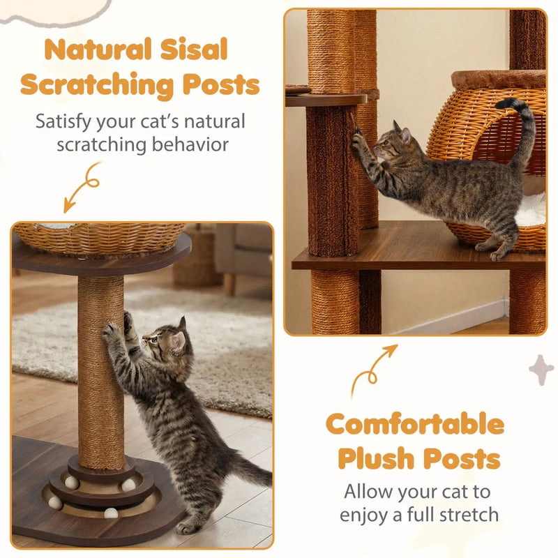 59.5 Inch Cat Tree Multi-Level Cat Tower with PE Rattan Cat Condo and Top Perch by DirectDeals