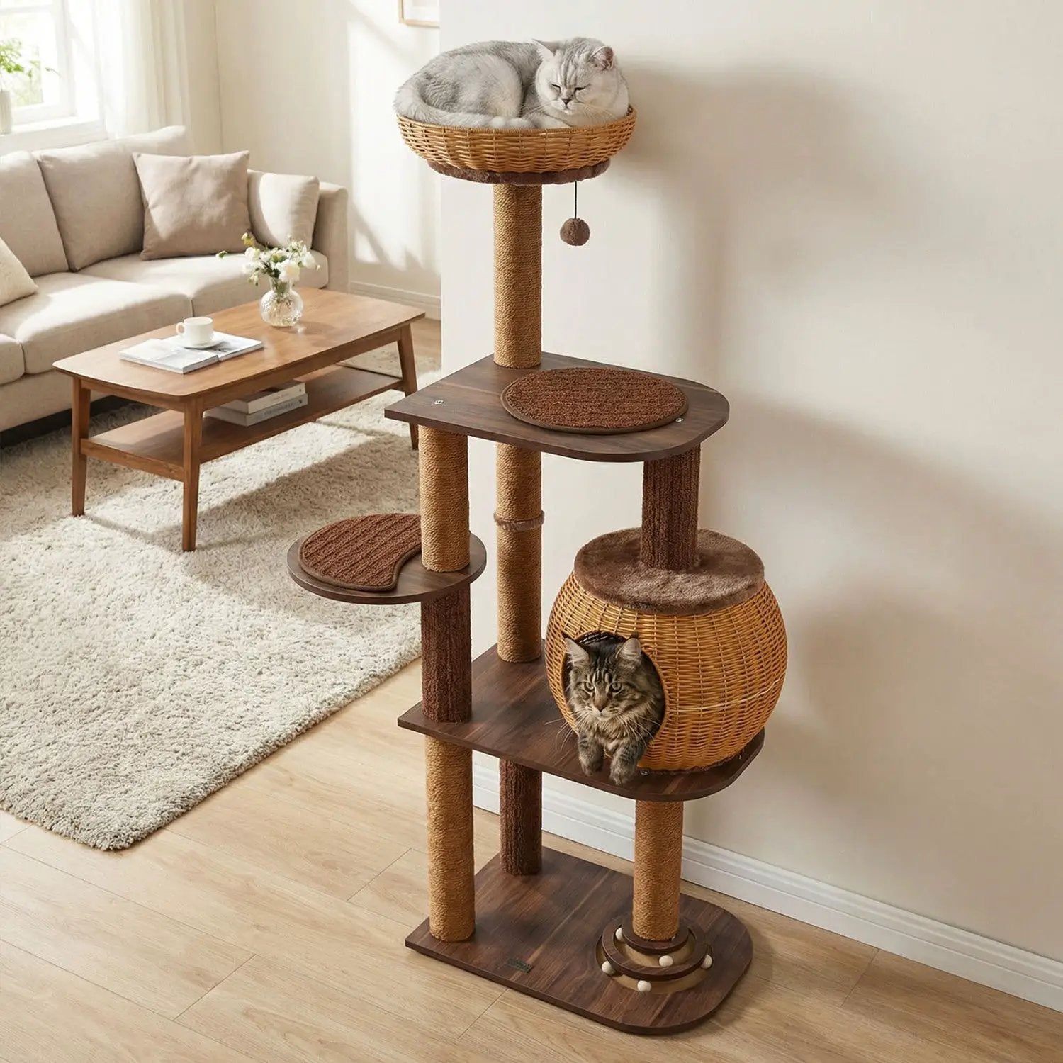 59.5 Inch Cat Tree Multi-Level Cat Tower with PE Rattan Cat Condo and Top Perch by DirectDeals