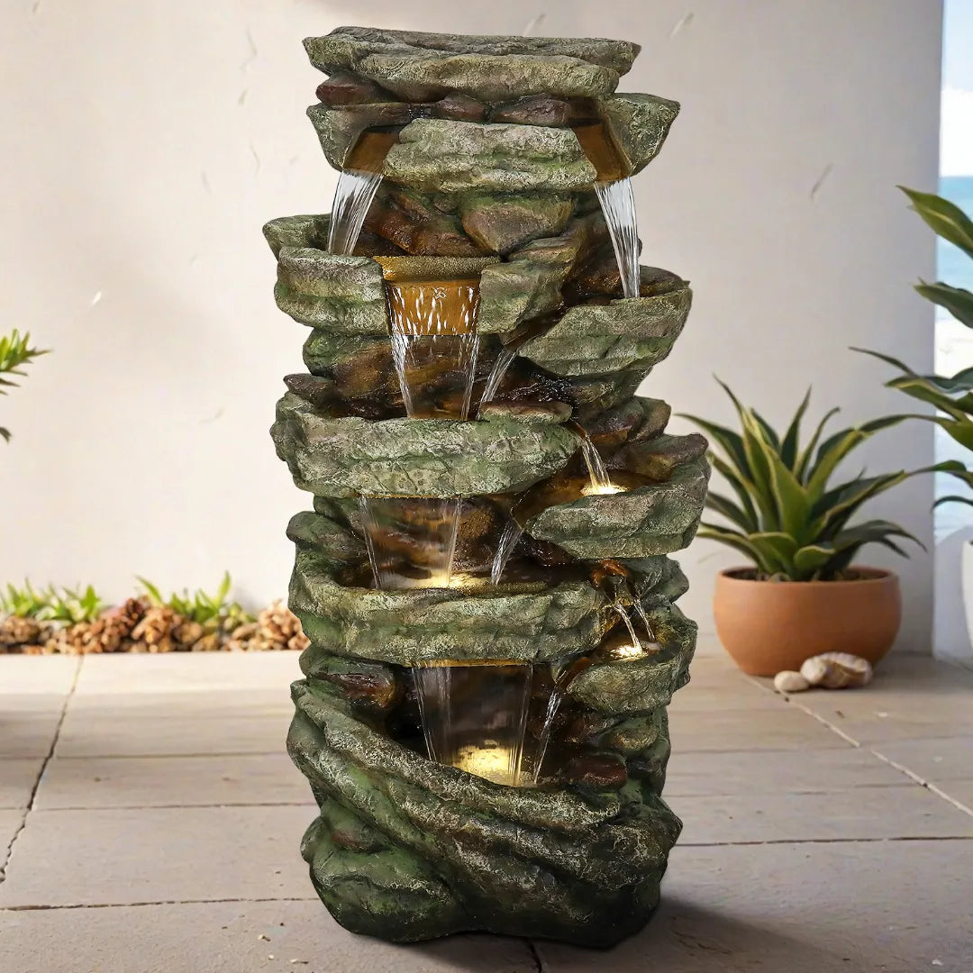 Resin Stacked Stone Rock Waterfall Outdoor Fountain with LED, photo 2 of 6