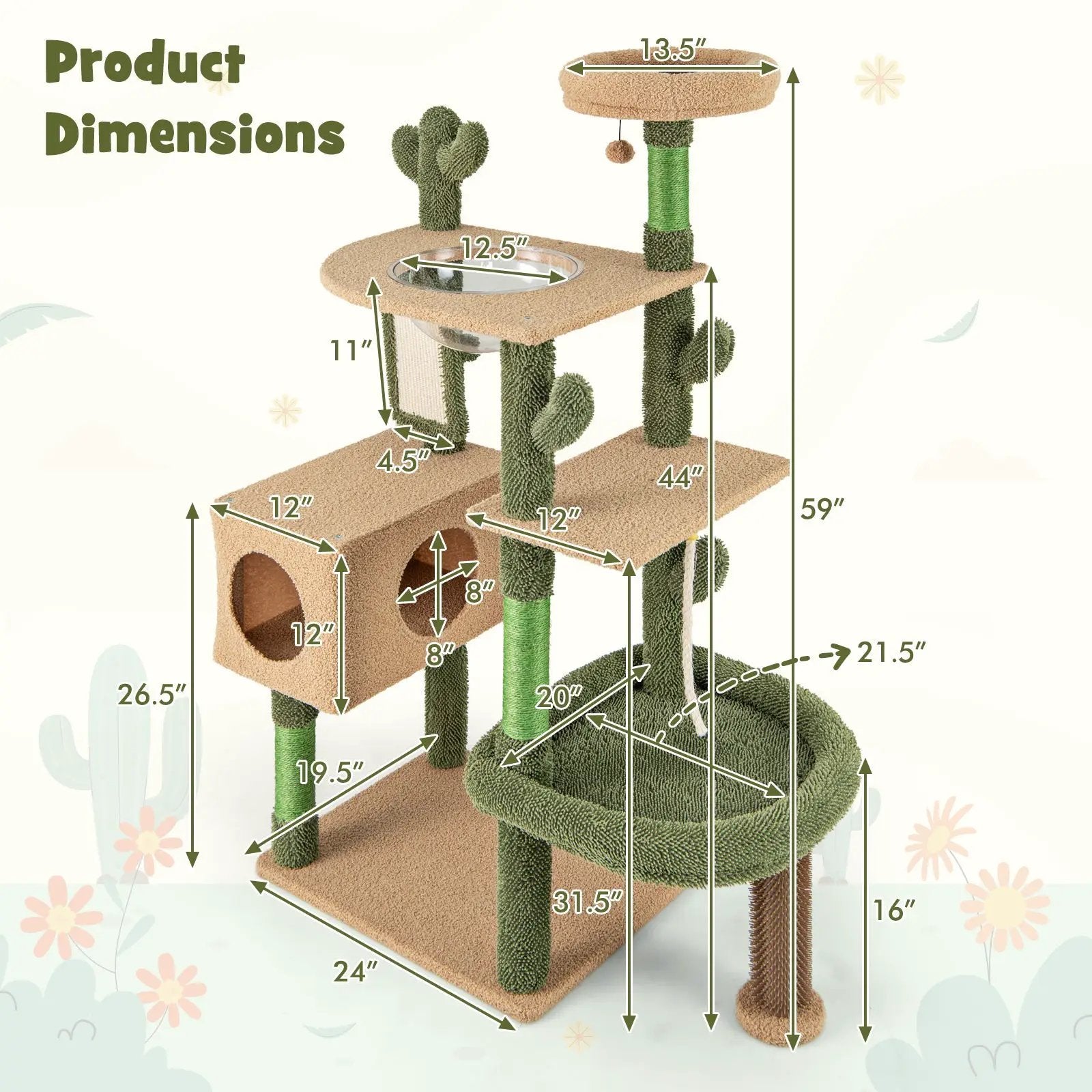 59 Inch Multilevel Cactus Cat Tree with Scratching Posts Cando Toy and Rope-Green by DirectDeals