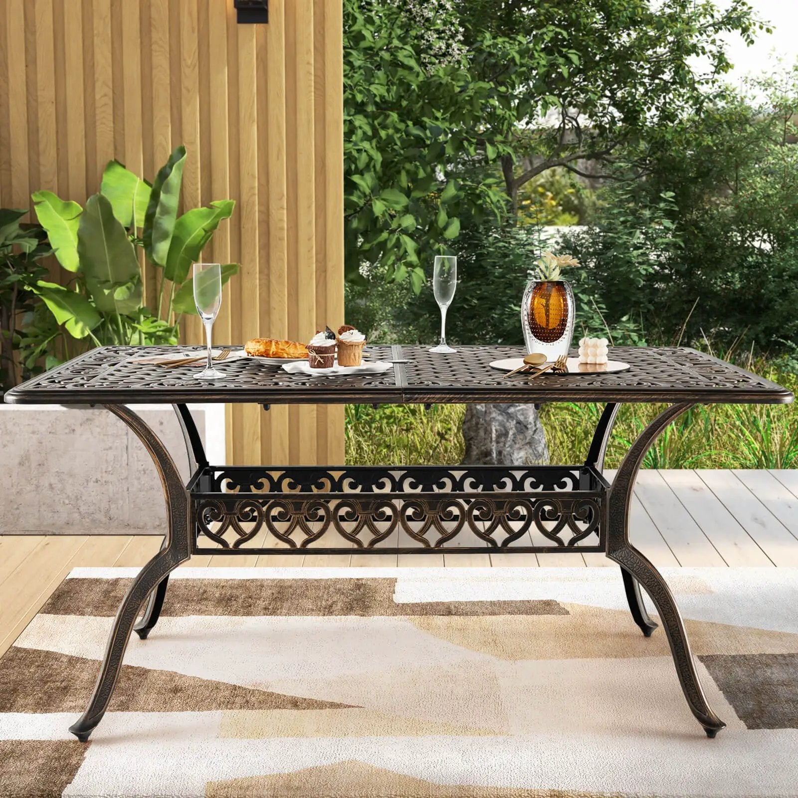 59 Inch Aluminum Patio Dining Table with Umbrella Hole fot 6 Persons-Bronze by DirectDeals