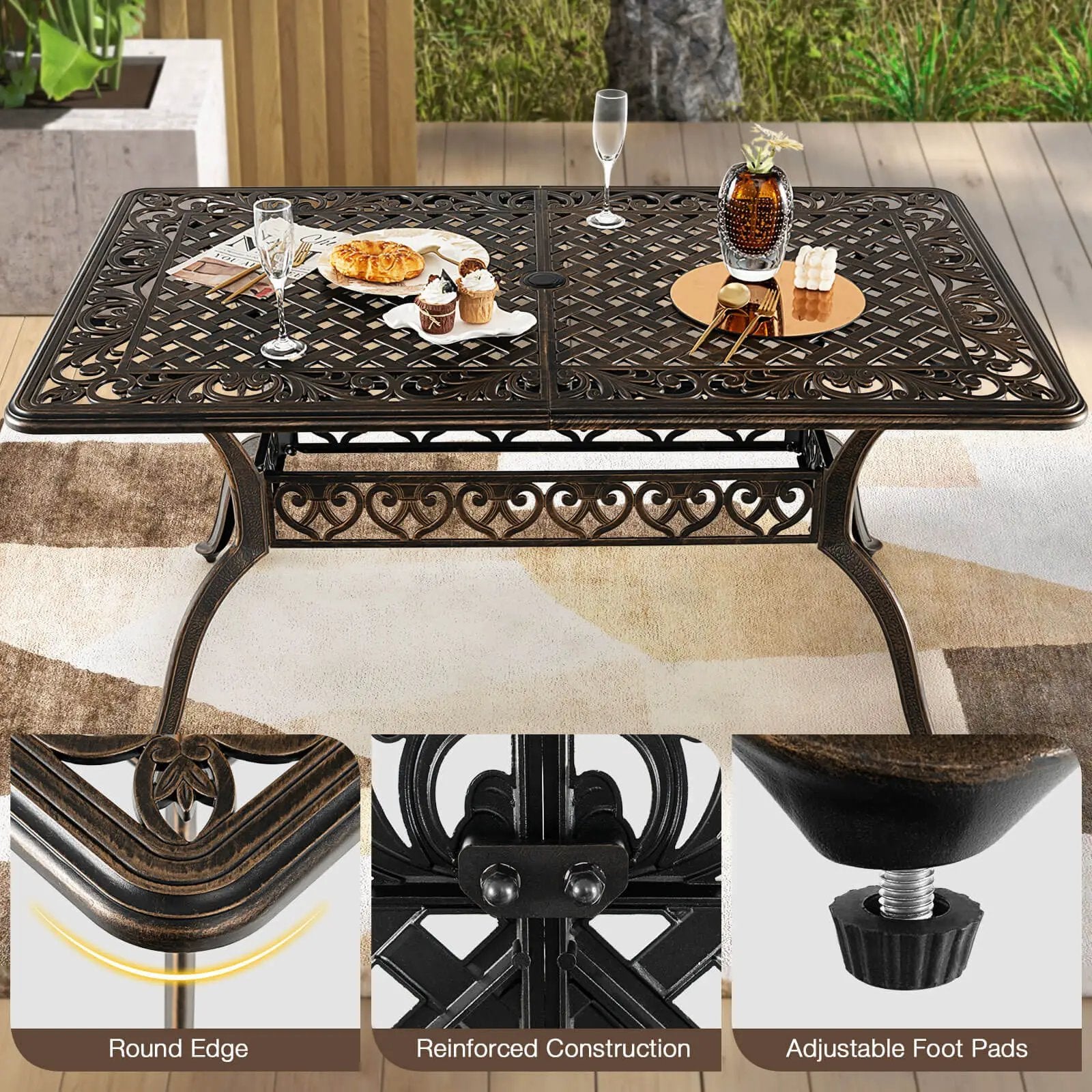 59 Inch Aluminum Patio Dining Table with Umbrella Hole fot 6 Persons-Bronze by DirectDeals