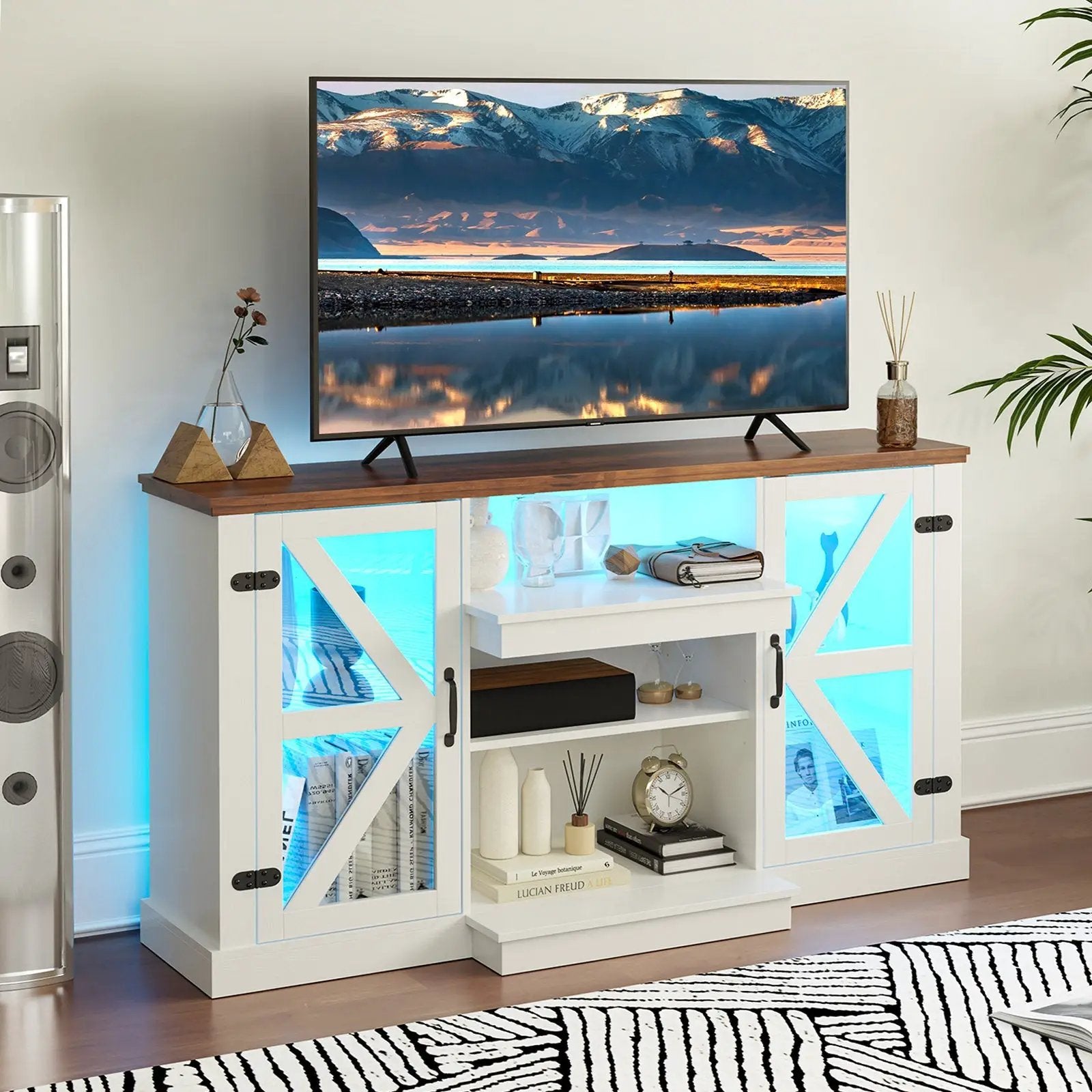 59 Inches Media Console Table with 3-Level Shelves and 22 Dynamic Modes-White by DirectDeals
