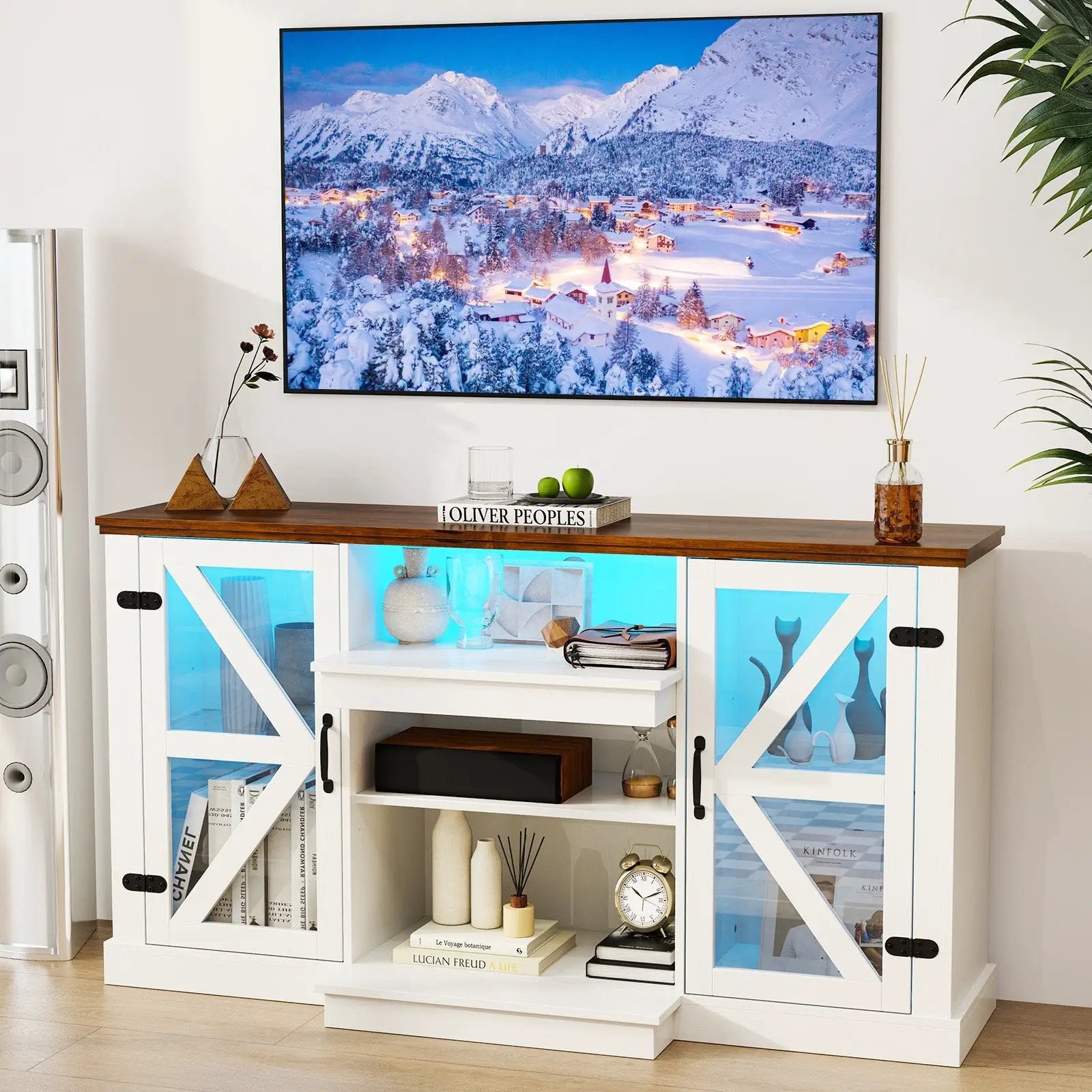 59 Inches Media Console Table with 3-Level Shelves and 22 Dynamic Modes-White by DirectDeals