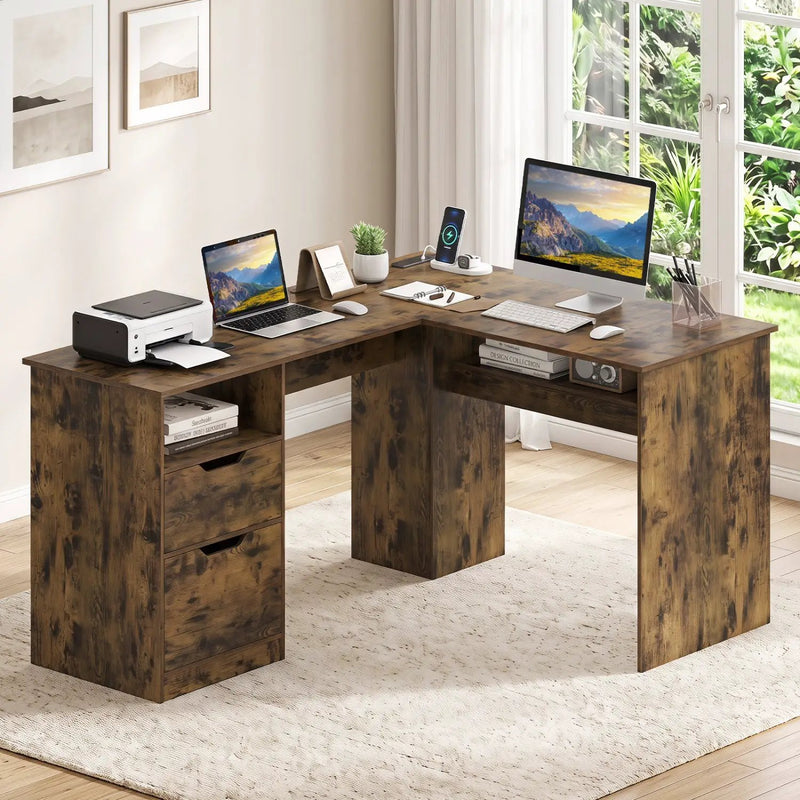 59" L-Shaped Executive Desk with Power Outlets and Storage by DirectDeals