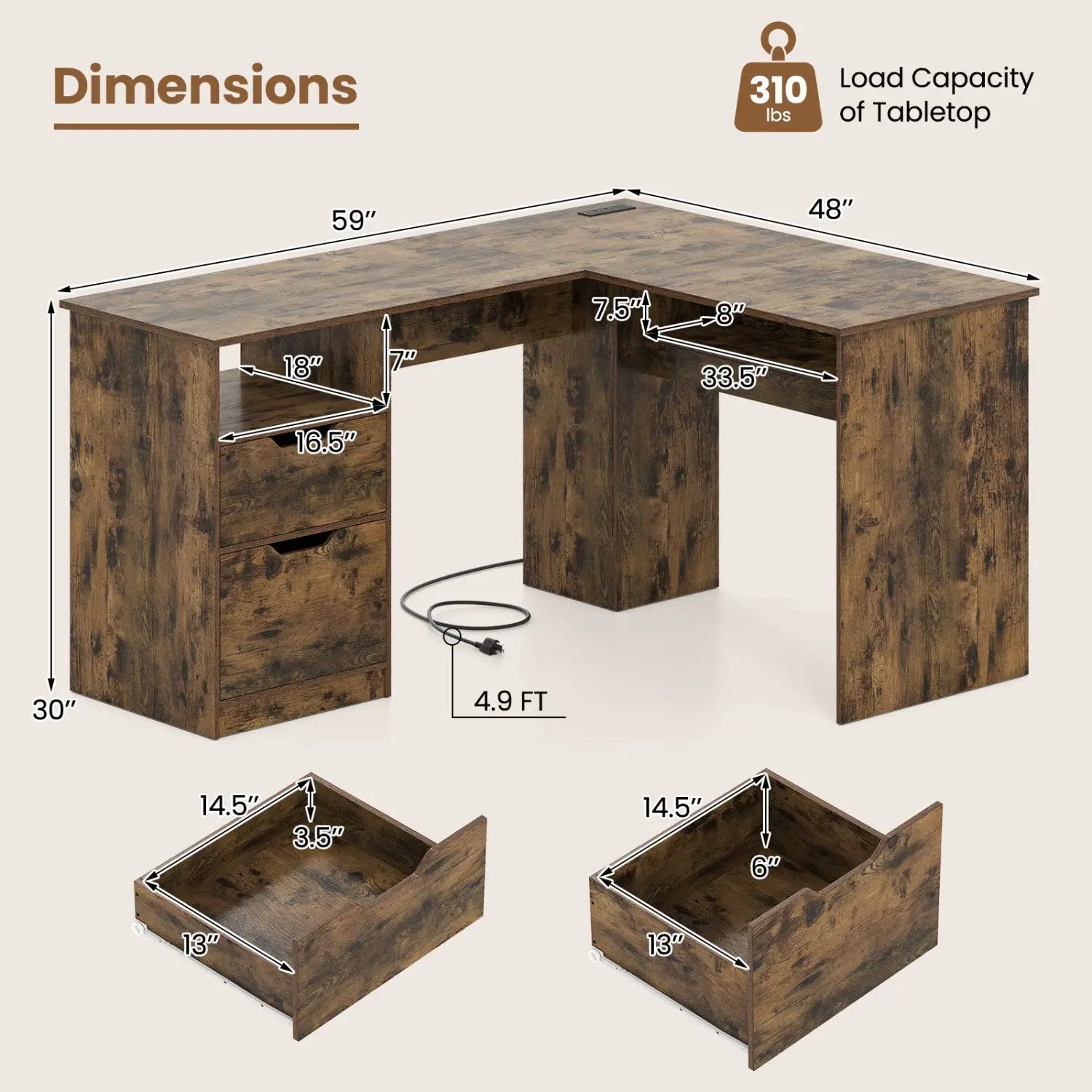 59" L-Shaped Executive Desk with Power Outlets and Storage by DirectDeals