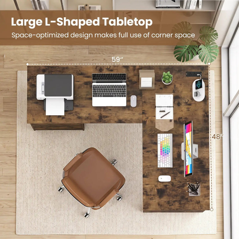59" L-Shaped Executive Desk with Power Outlets and Storage by DirectDeals