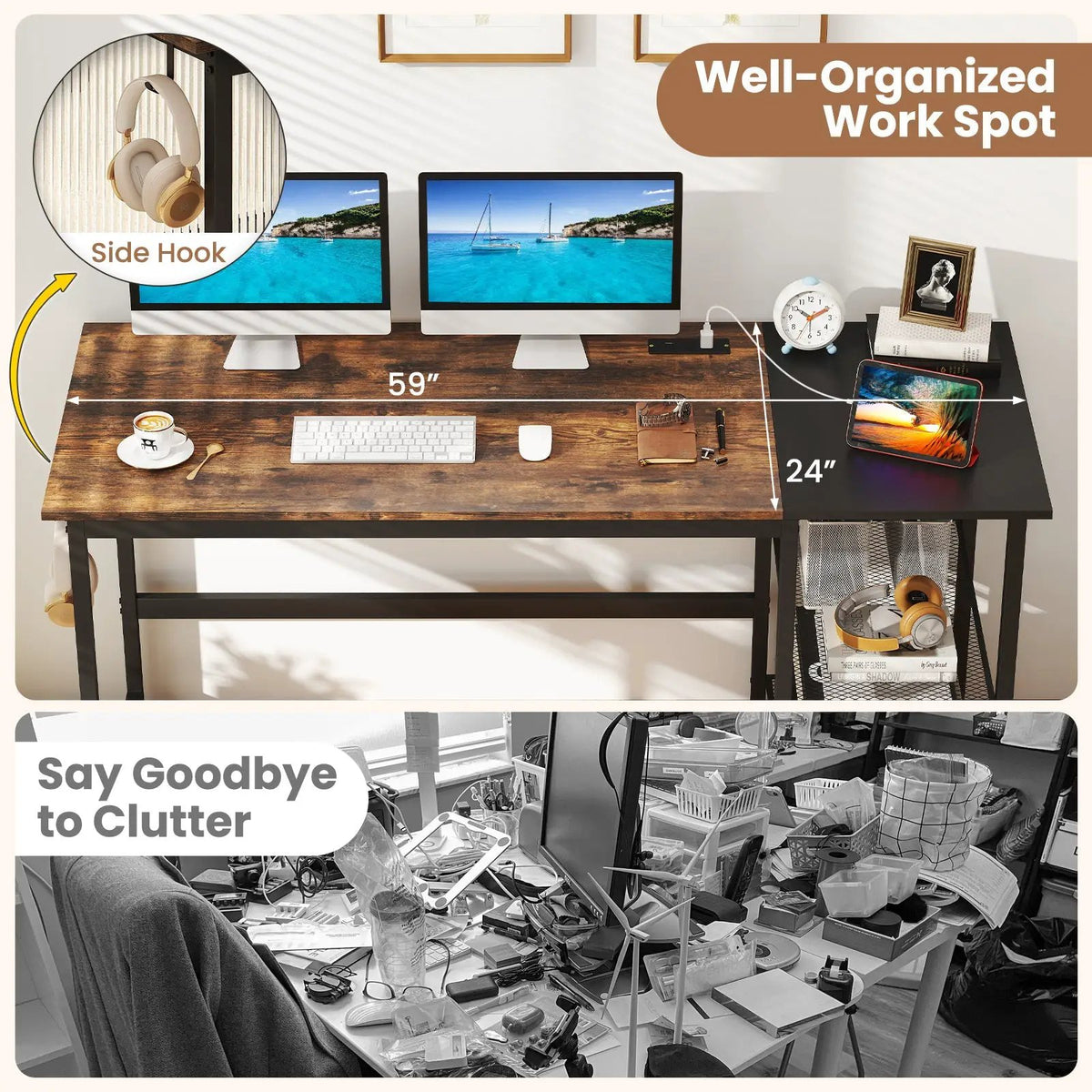 59 Inch Home Office Computer Desk with Removable Storage Shelves, photo 3 of 16