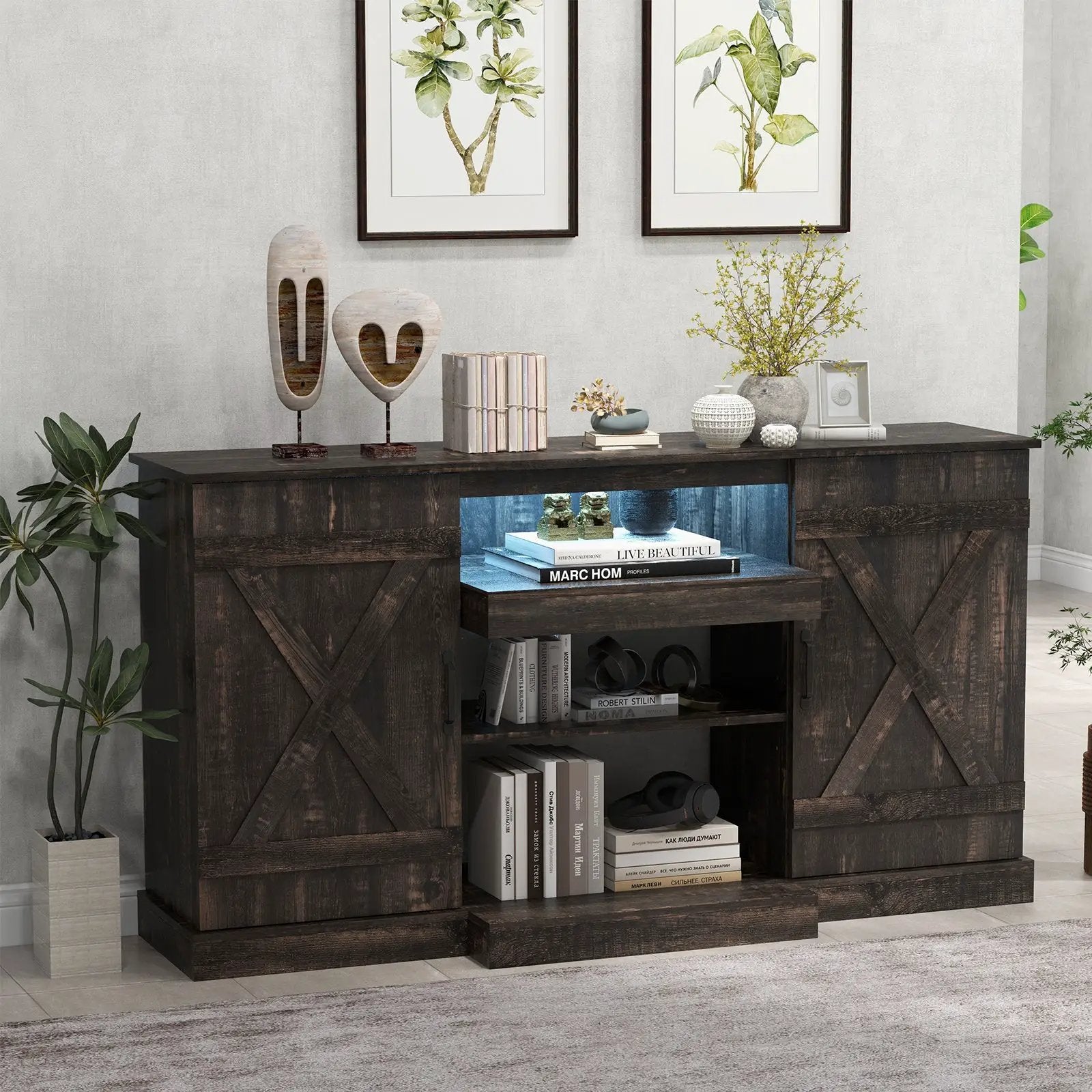58 Inches TV stand for TVs up to 65 Inches with 20 Color Led Lights-Coffee by DirectDeals