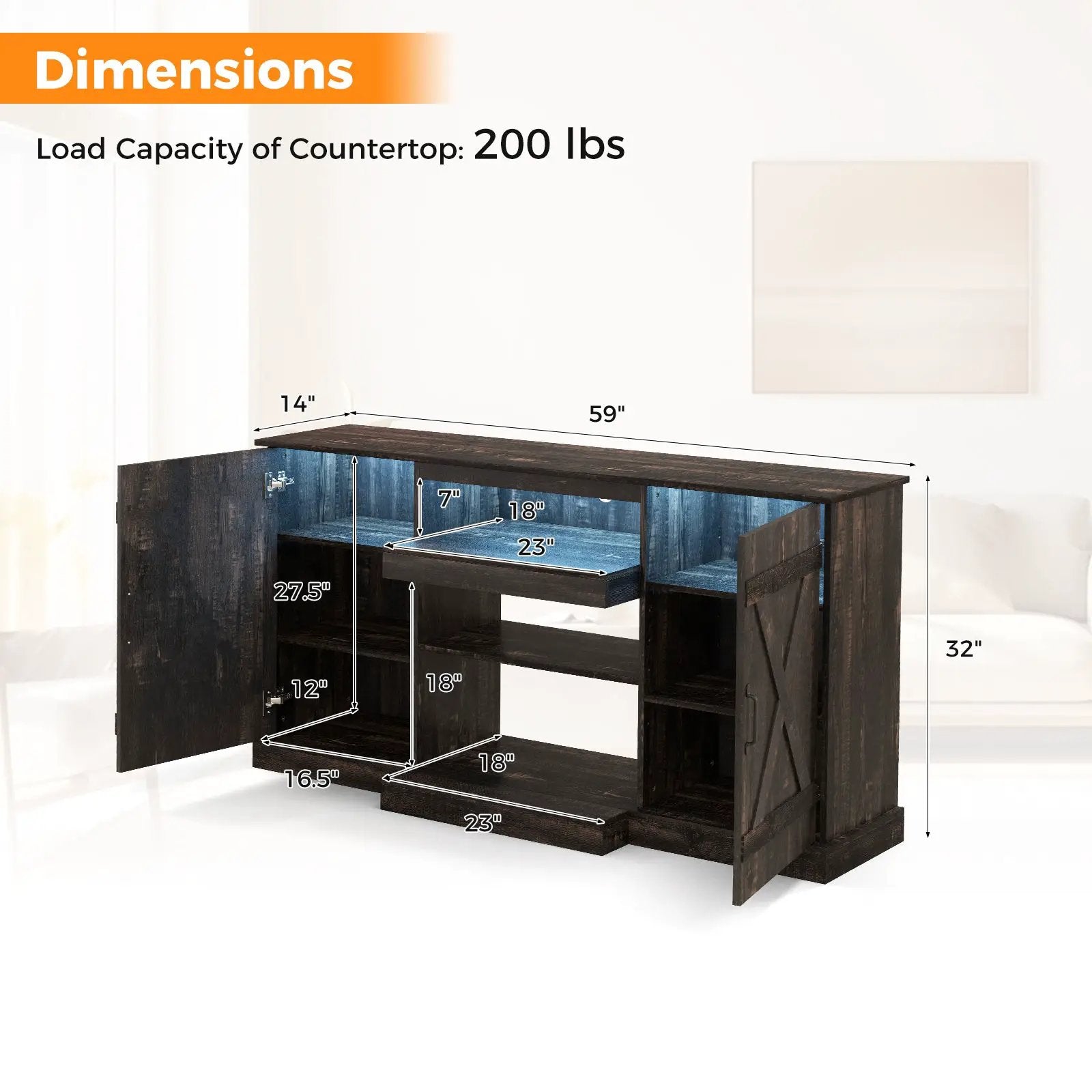 58 Inches TV stand for TVs up to 65 Inches with 20 Color Led Lights-Coffee by DirectDeals