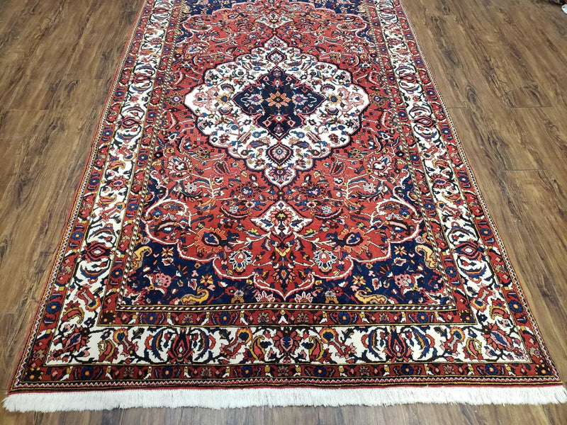 Semi Antique Persian Bakhtiari Rug, Hand-Knotted, Wool, Red, Midnight Blue, Ivory, Floral Medallion, 5'1" x 8' 6" by Jewel Rugs