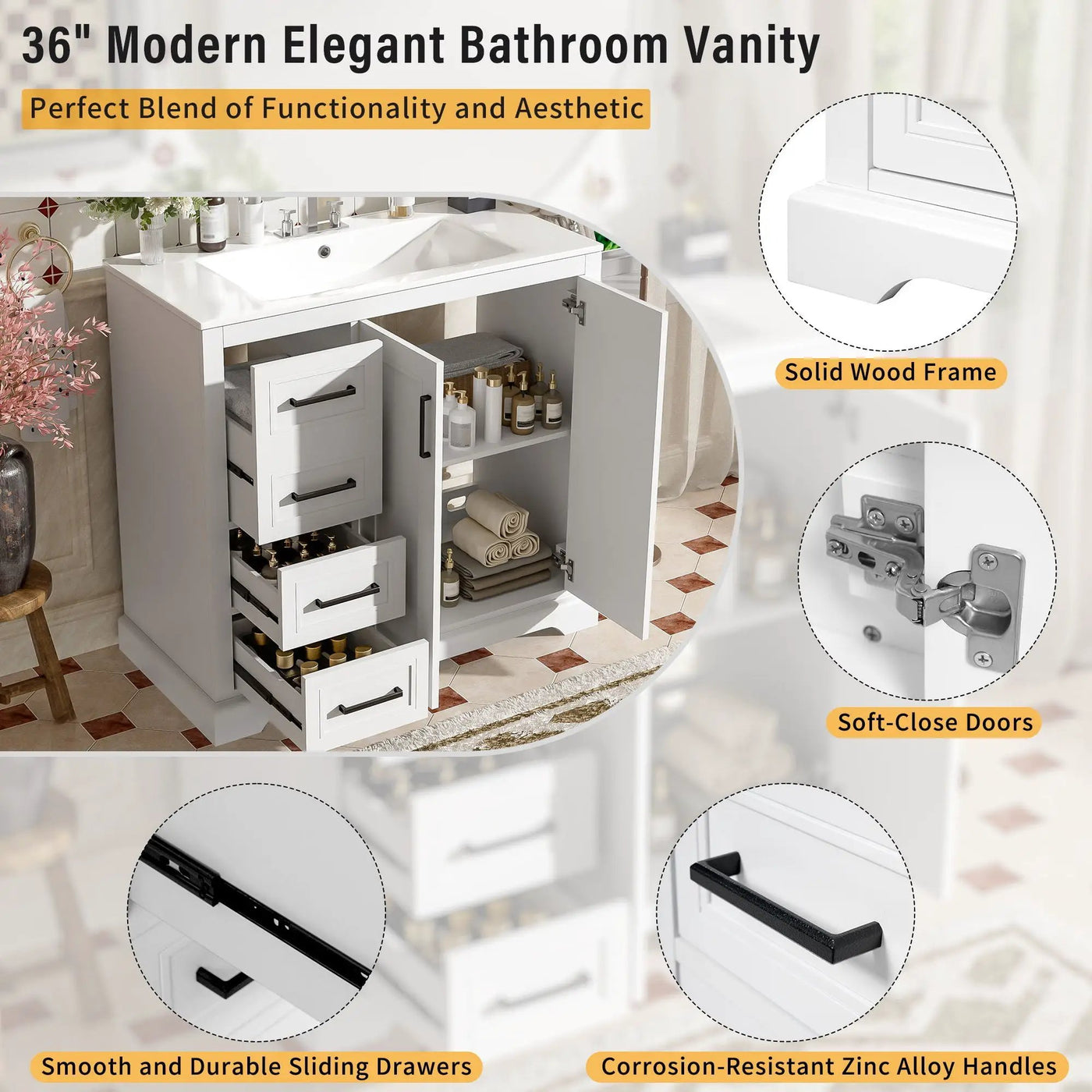Bathroom Vanity With Sink, Soft Close Doors, Adjustable Shelf & 3 Drawers by Unique Piece Furniture
