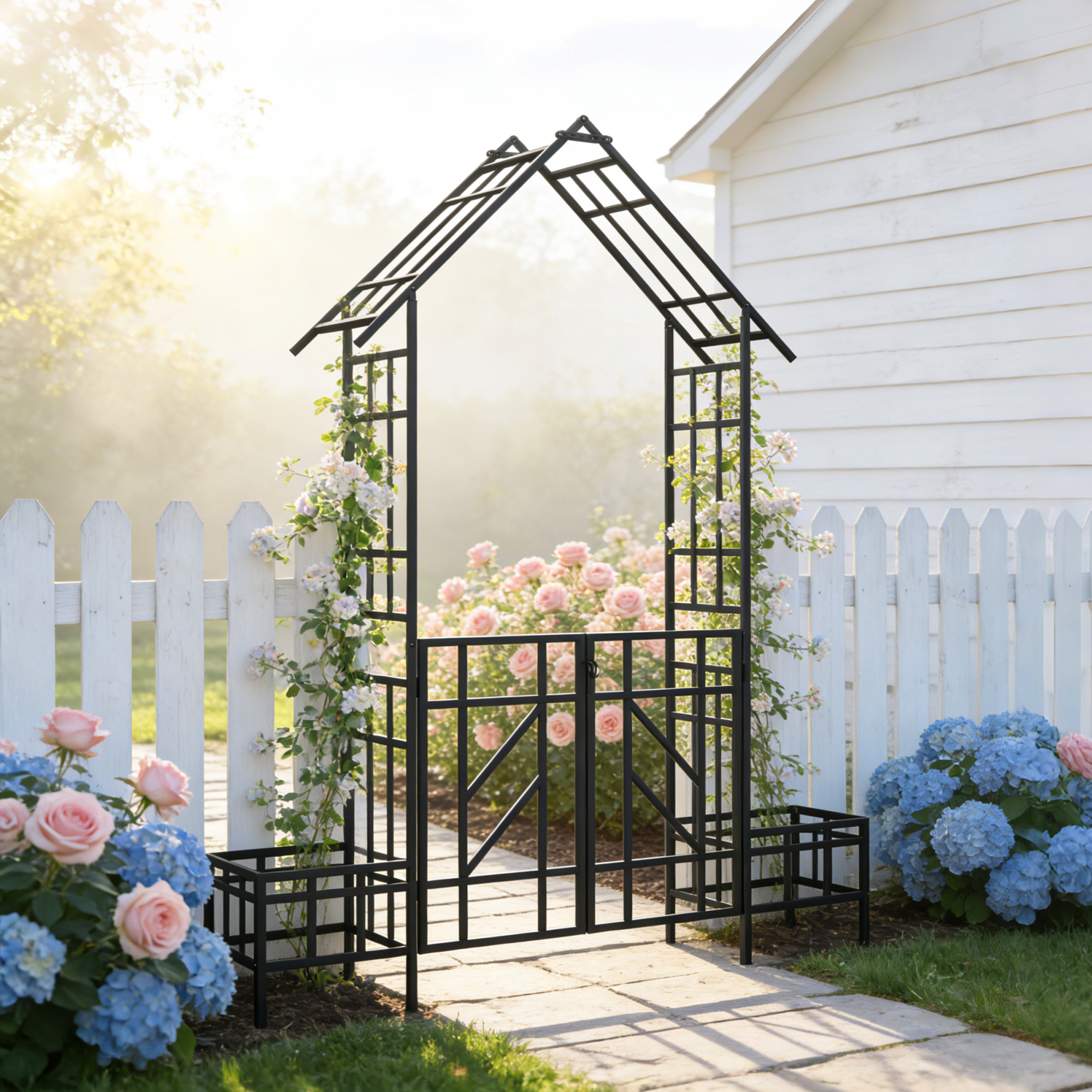 Metal Garden Arch with Gate and Planter for Climbing Plants by HouseOfZazla