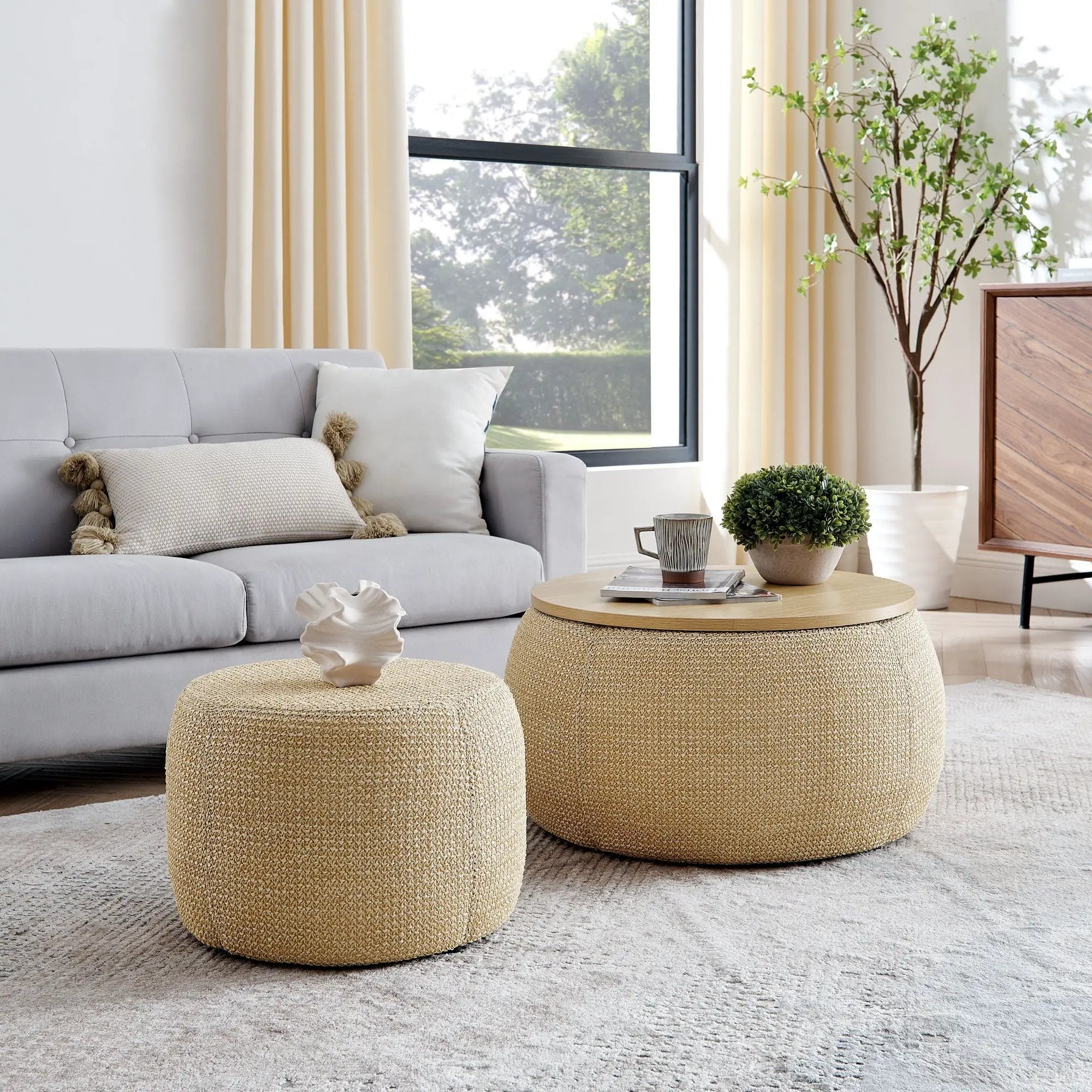Round Storage Ottoman, 2 In 1 Function, End Table And Ottoman by Unique Piece Furniture
