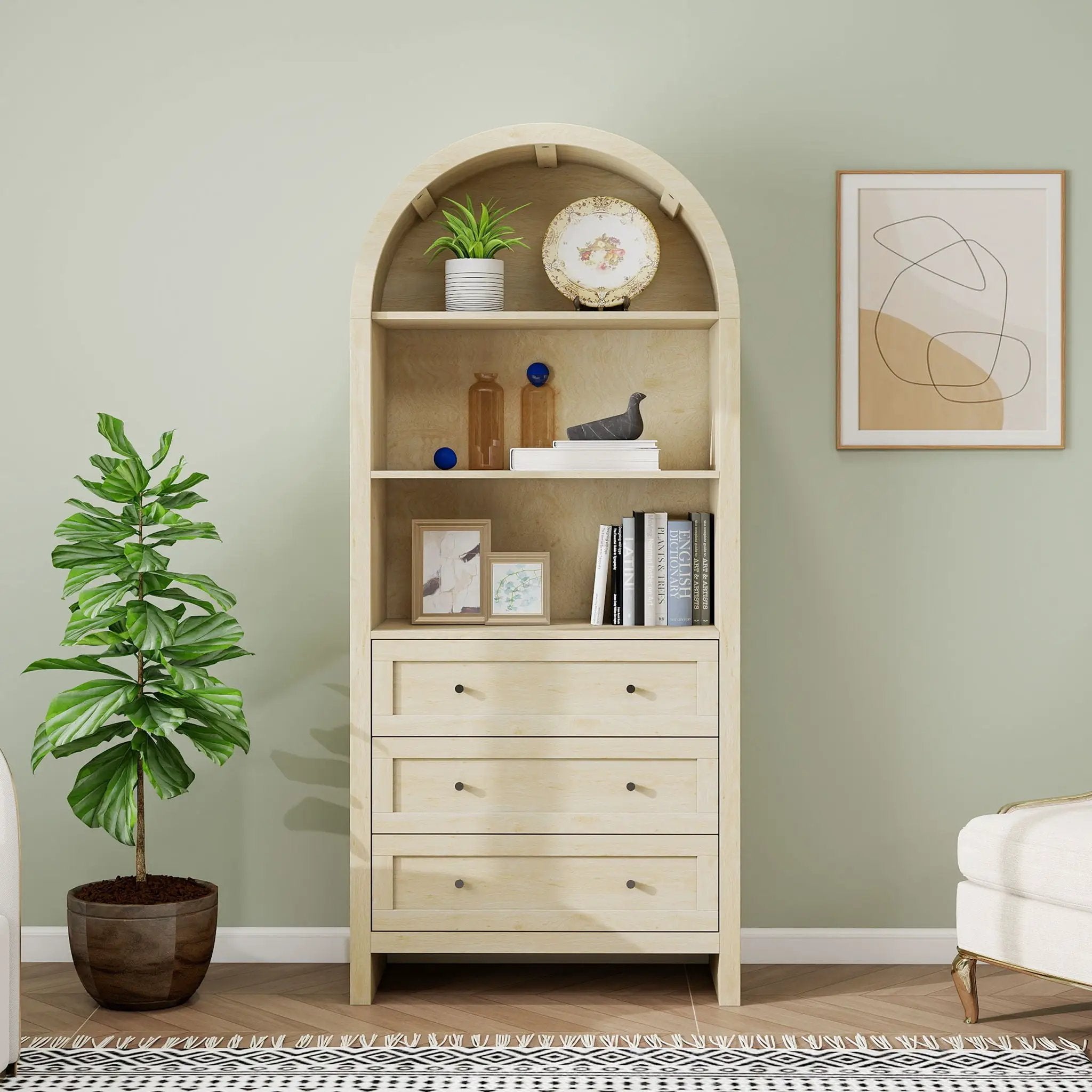 Arched Kitchen Pantry, Modern Farmhouse Wood Kitchen Storage Cabinets, Arched Storage Display Cabinet With Adjustable Shelves, Versatile Cupboard For Kitchen, Dining Room, Living Room - Natural by HouseOfZazla