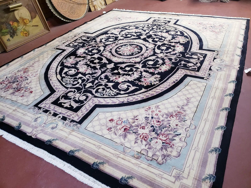 8x10 Aubusson Rug, Fine Hand Knotted Wool Carpet, French European Design, Black & Ivory by Jewel Rugs