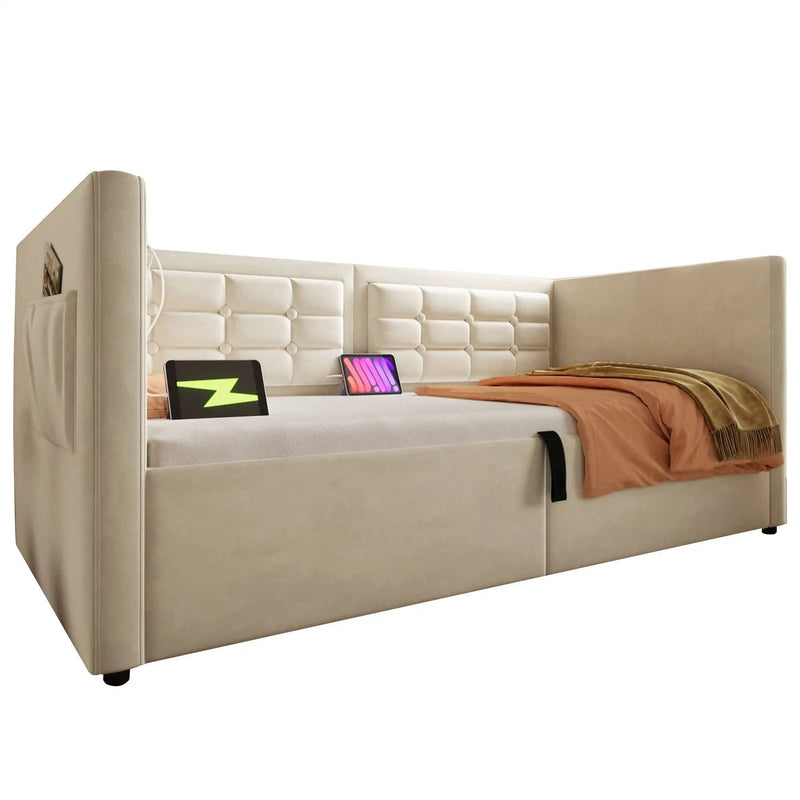 Upholstered Hydraulic Storage Daybed With USB & Type C Charging by HouseOfZazla