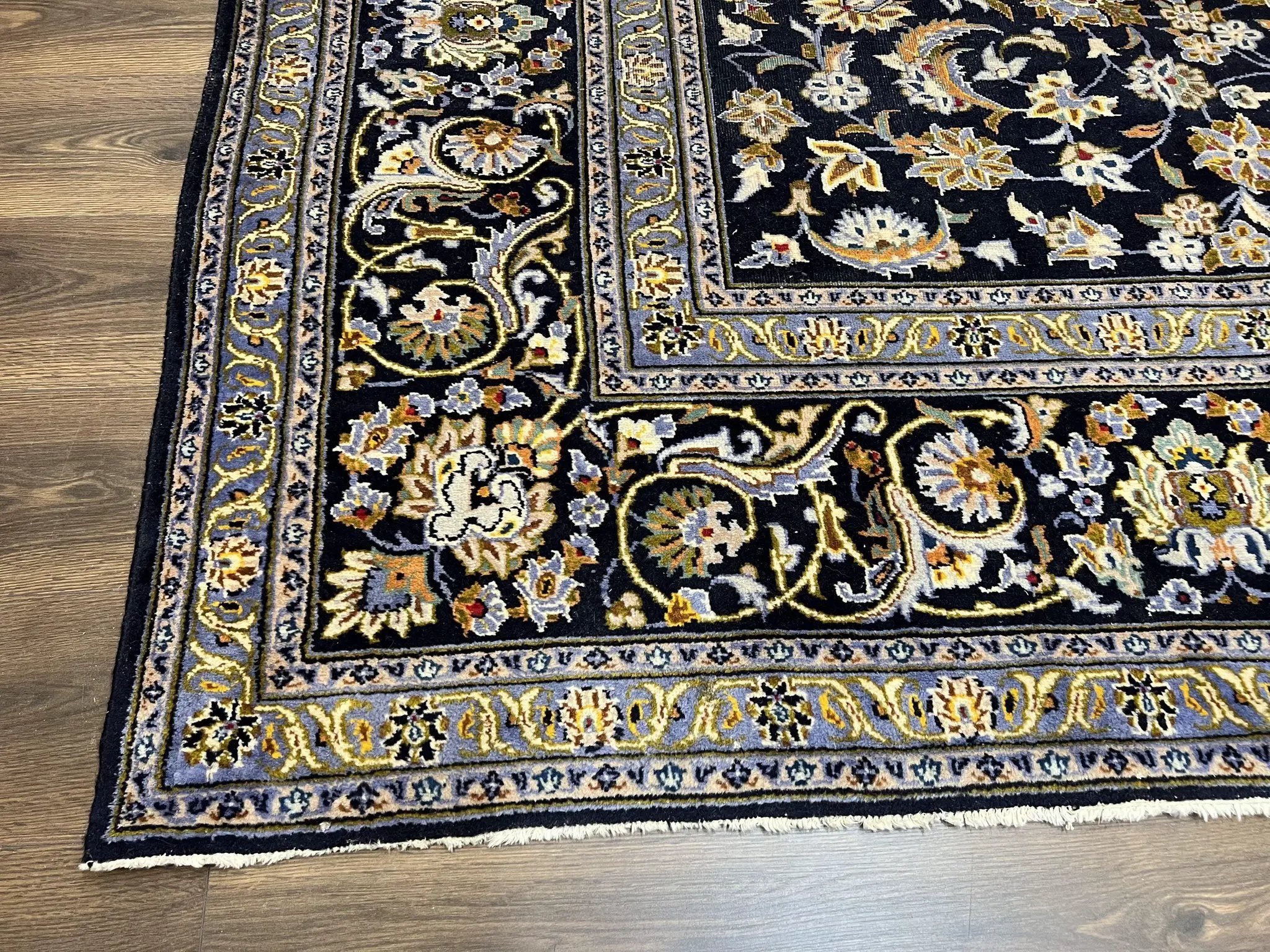 Wonderful Navy Blue Persian Kashan Rug 11x13, Allover Floral Design with Central Medallion, Wool Hand-Knotted Antique Carpet, Signed Rabani Rug by Jewel Rugs