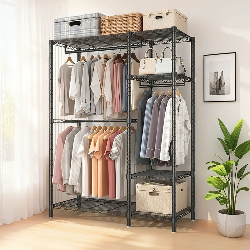 Freestanding Clothes Rack, With 6 Adjustable Wire Shelves And 3 Garment Rails - Black by Unique Piece Furniture
