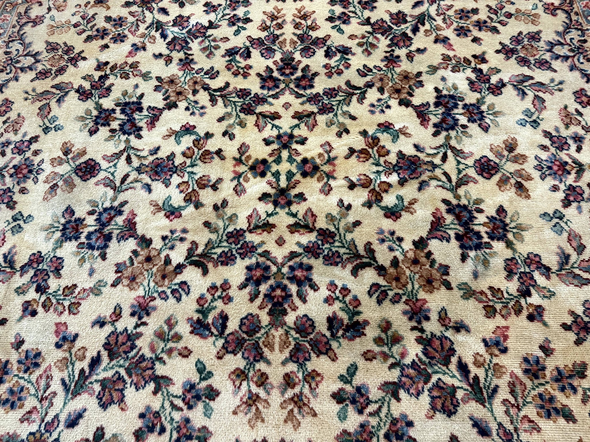 Antique Karastan Rug 8.8 x 12 Lanamar Floral Ivory Kirman Wool Discontinued by Jewel Rugs