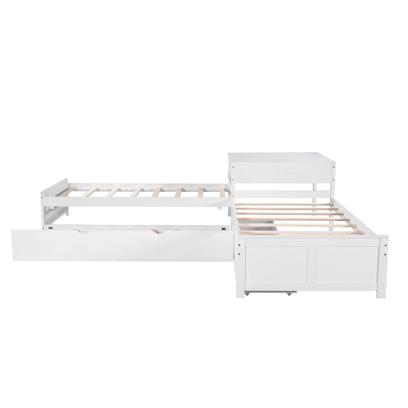 L Shaped Platform Bed With Trundle And Drawers Linked With Built In Desk by HouseOfZazla