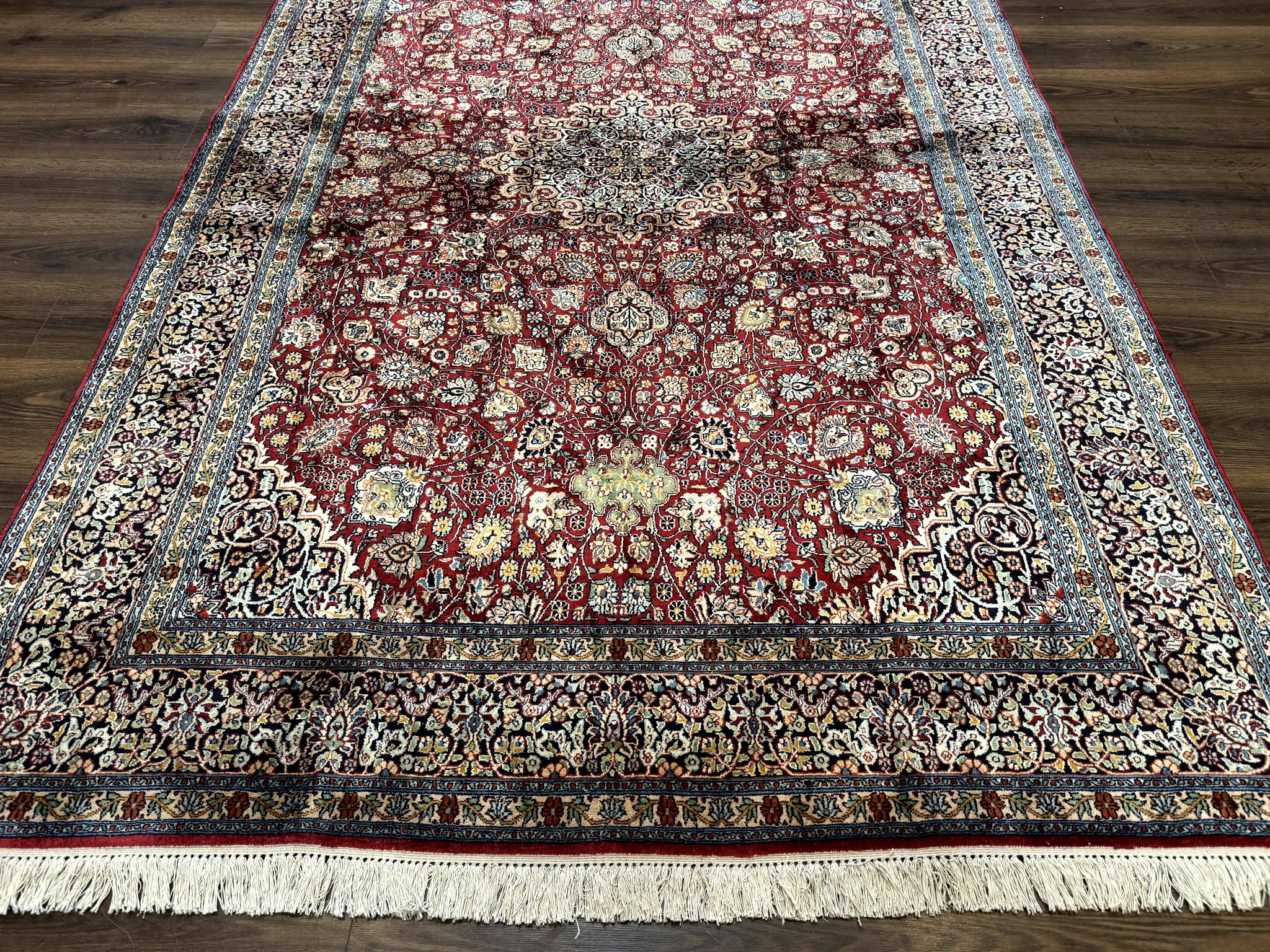 Indian Kashmiri Silk Rug 6x9, Red and Navy Blue, Floral Medallion, Fine 275 KPSI by Jewel Rugs