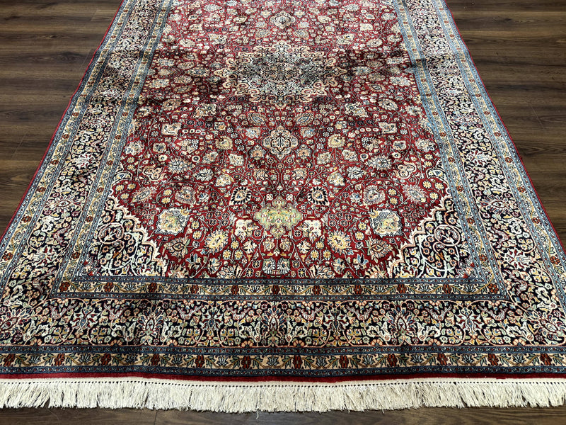 Indian Kashmiri Silk Rug 6x9, Red and Navy Blue, Floral Medallion, Fine 275 KPSI by Jewel Rugs