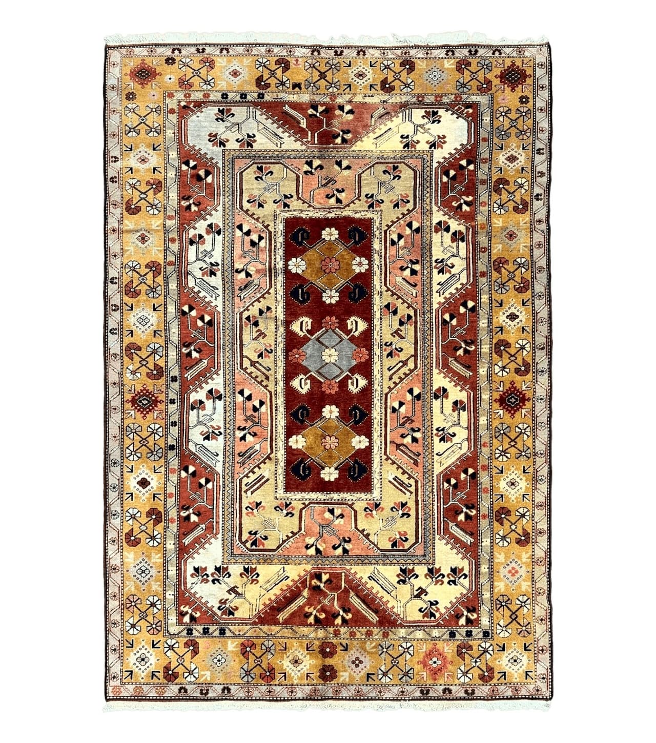 Turkish Rug 7x10, Wool Hand Knotted Vintage Carpet, Geometric Kazak Pattern by Jewel Rugs