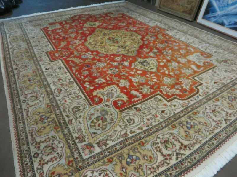 Vintage Persian Tabriz Rug 9x12, Tabatabaie Rug 9x12 Carpet, Handmade Hand Knotted Wool Area Rug, Tomato Red Beige, Medallion Rug, Floral by Jewel Rugs