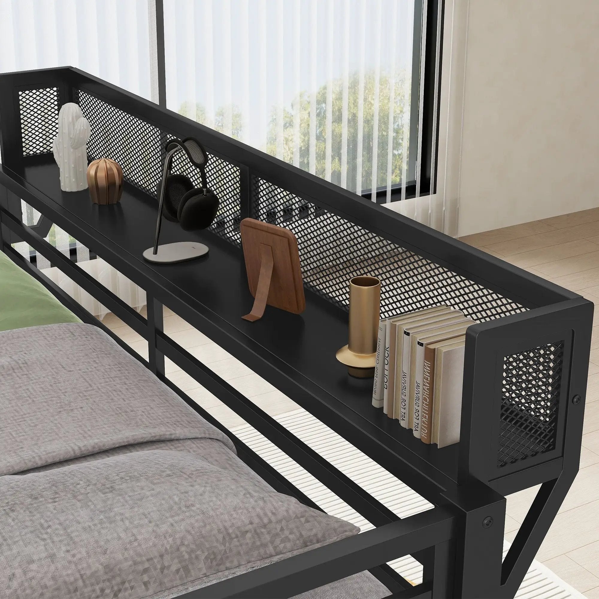 Queen Over Queen Bunk Bed With Ladder And Storage Shelf - Black by Unique Piece Furniture