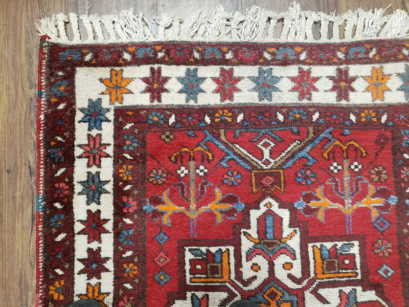 Antique Persian Heriz Karajeh Runner Rug 3x11, Hand-Knotted Red Geometric Medallions by Jewel Rugs