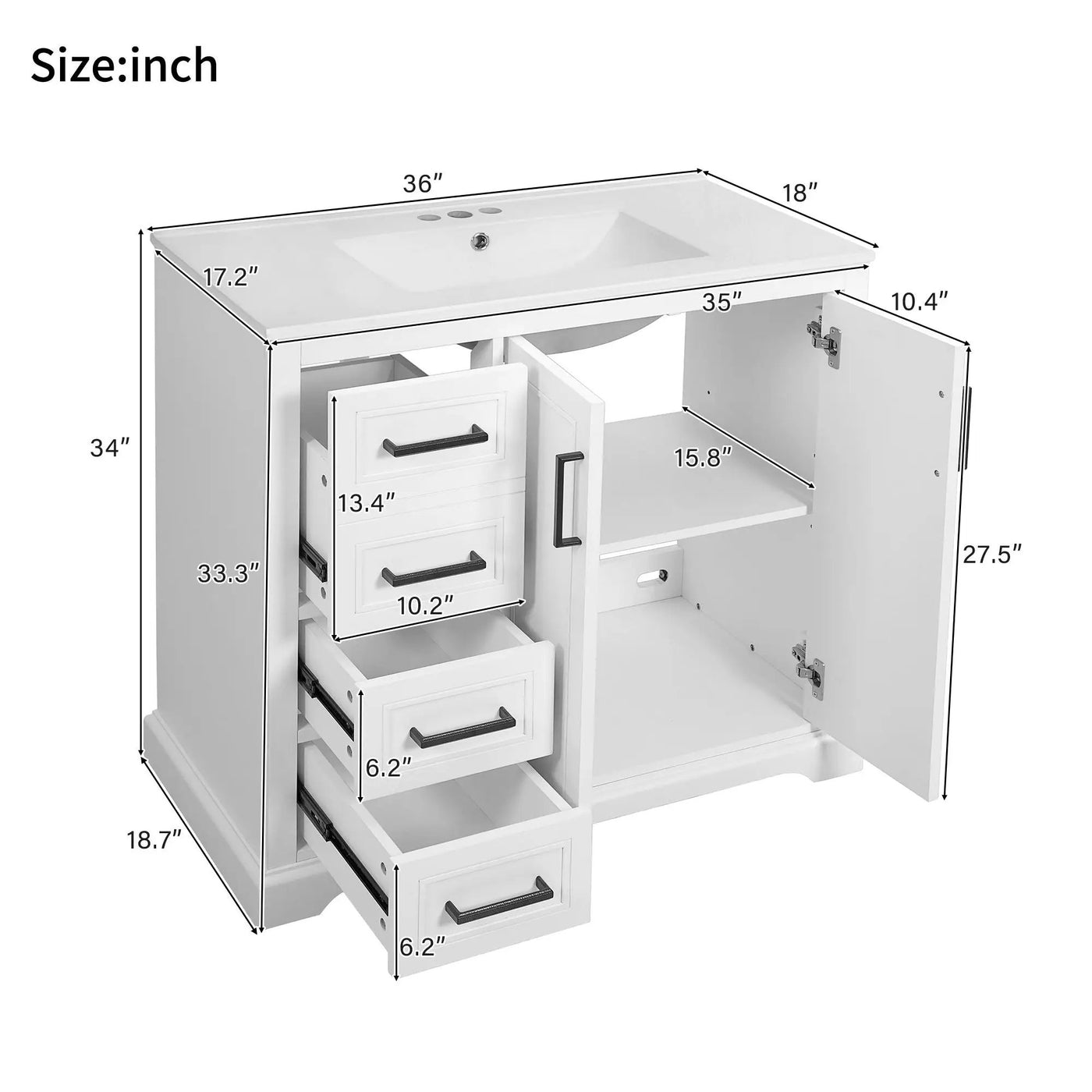 Bathroom Vanity With Sink, Soft Close Doors, Adjustable Shelf & 3 Drawers by Unique Piece Furniture