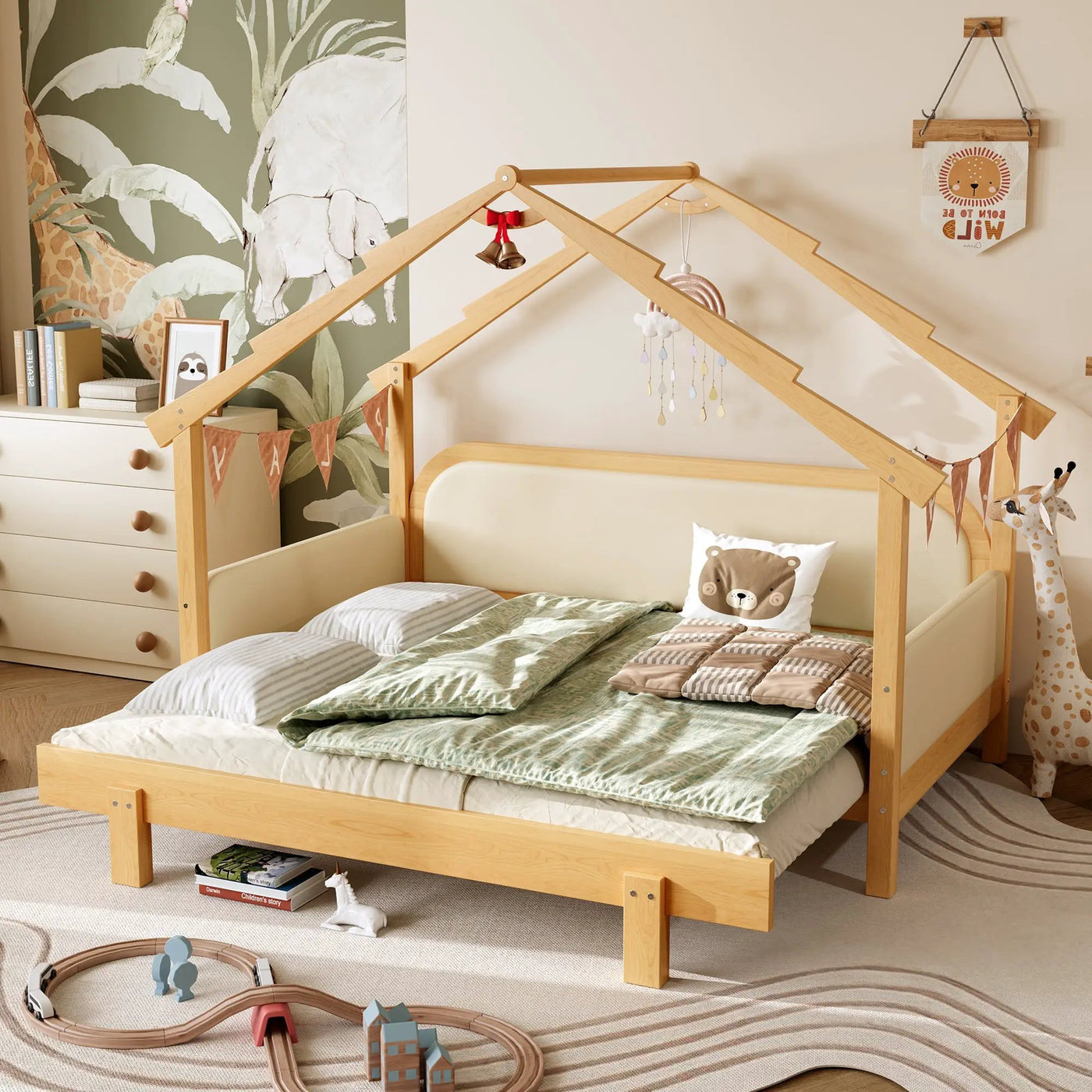 Twin Size Wood Treehouse Bed with Soft Cushion Rails by HouseOfZazla