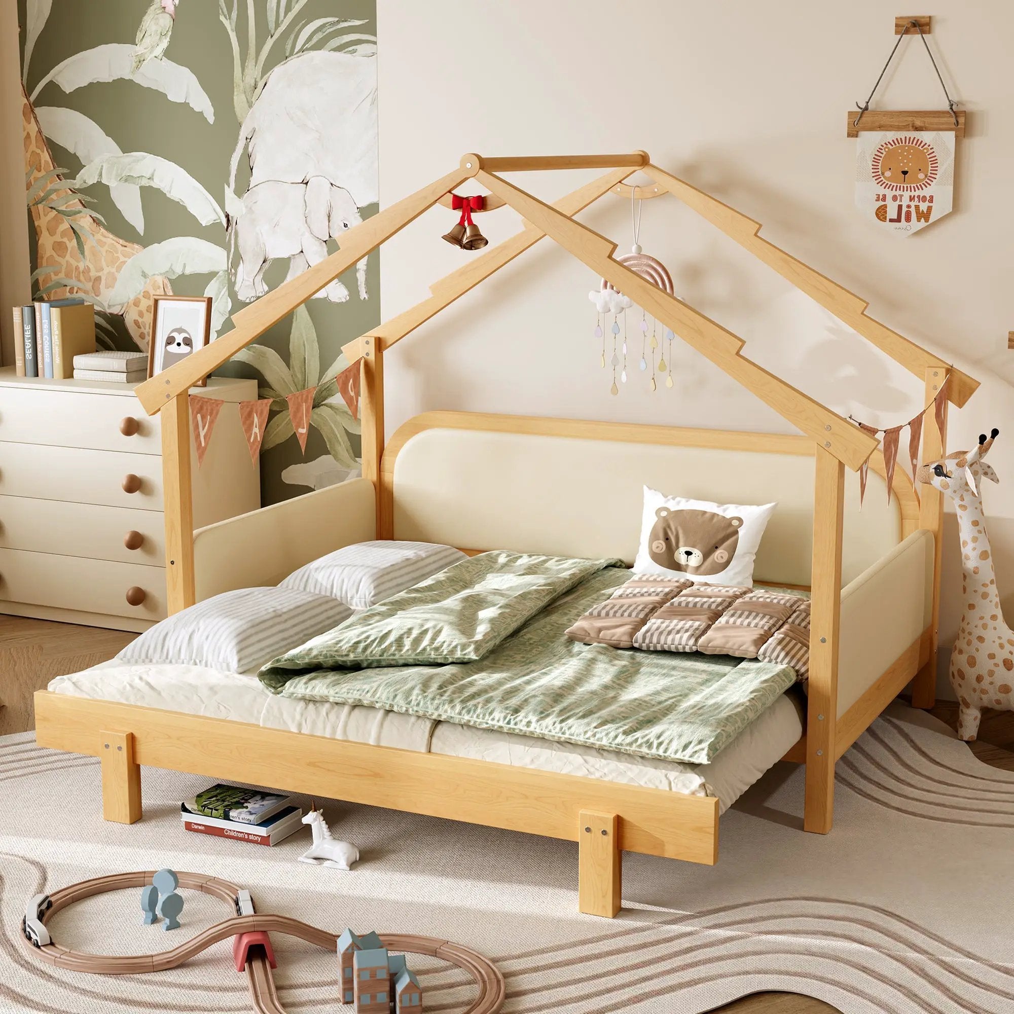 Twin Size Wood Treehouse Bed with Soft Cushion Rails by HouseOfZazla