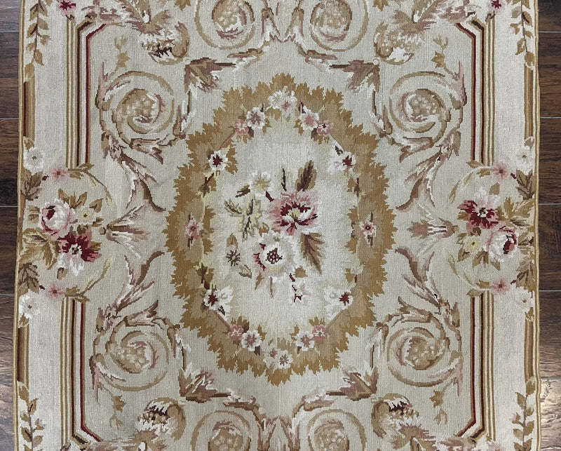 Aubusson Needlepoint Rug 4x5 ft, Beige and Tan, Aubusson Savonnerie Vintage Carpet, Handwoven Handmade Wool Rug, European Design Floral Rose by Jewel Rugs