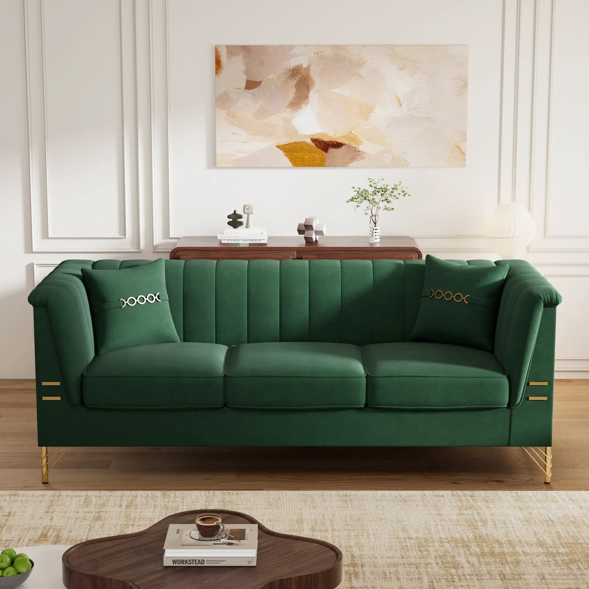 FX-P82-GR3 82.67" Modern Velvet 3-Seater Chesterfield Sofa with 2 Pillows by HouseOfZazla