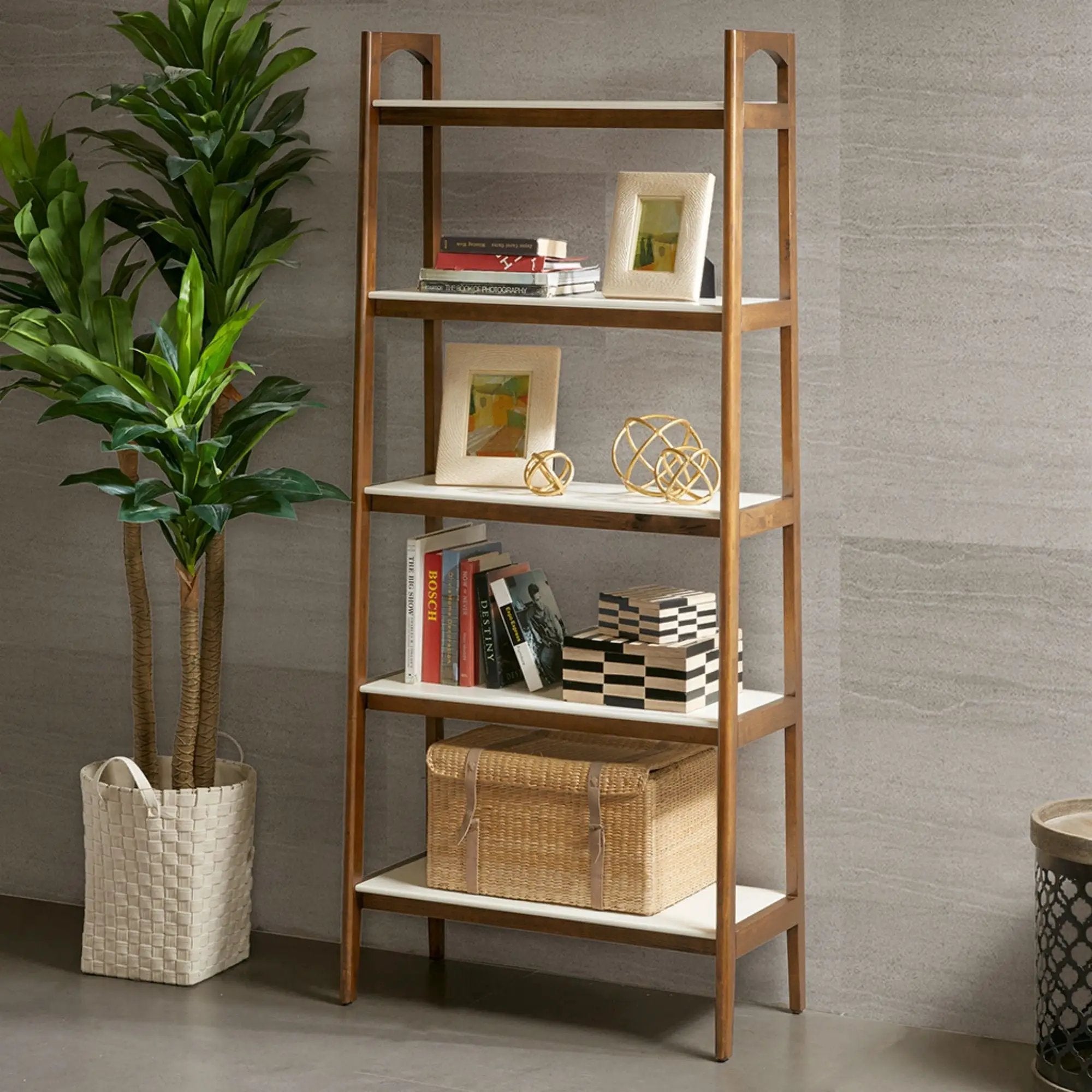 Mid - Century Design 5 Shelf Bookcase - Off White / Pecan by Unique Piece Furniture