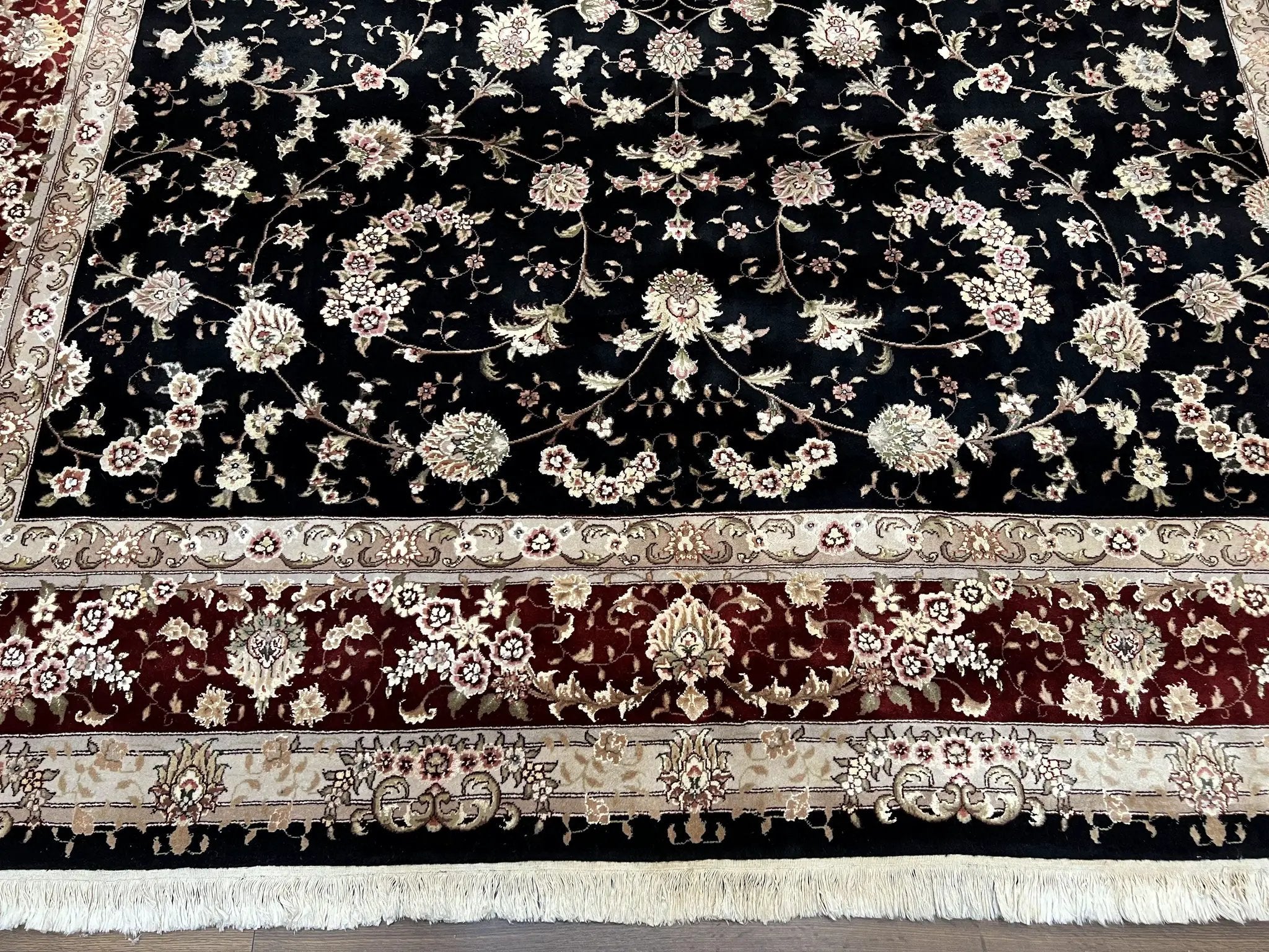 Sino Persian Rug 9x12, High Quality Oriental Carpet, Black and Maroon, Wool and Silk, Allover Floral Pattern, Hand Knotted, Vintage Rug Nice by Jewel Rugs