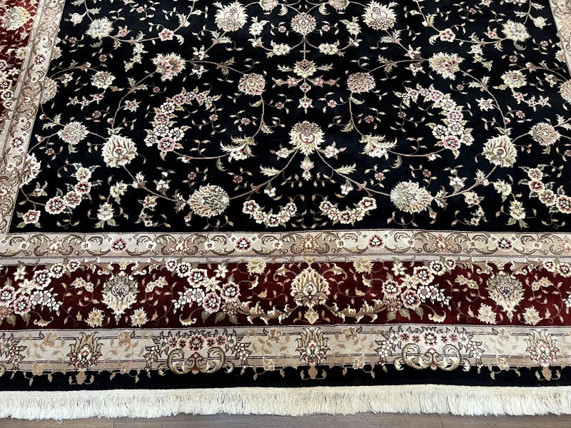Sino Persian Rug 9x12, High Quality Oriental Carpet, Black and Maroon, Wool and Silk, Allover Floral Pattern, Hand Knotted, Vintage Rug Nice by Jewel Rugs