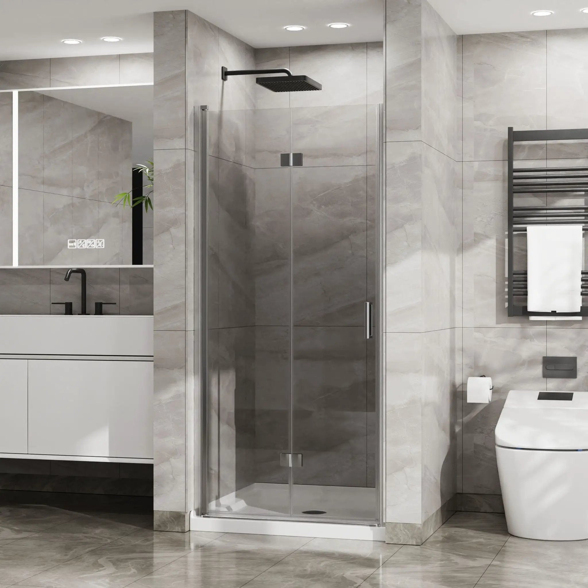Bifold Frameless Glass Shower Door With Pivot Swing Panel, Tempered Clear Glass by HouseOfZazla