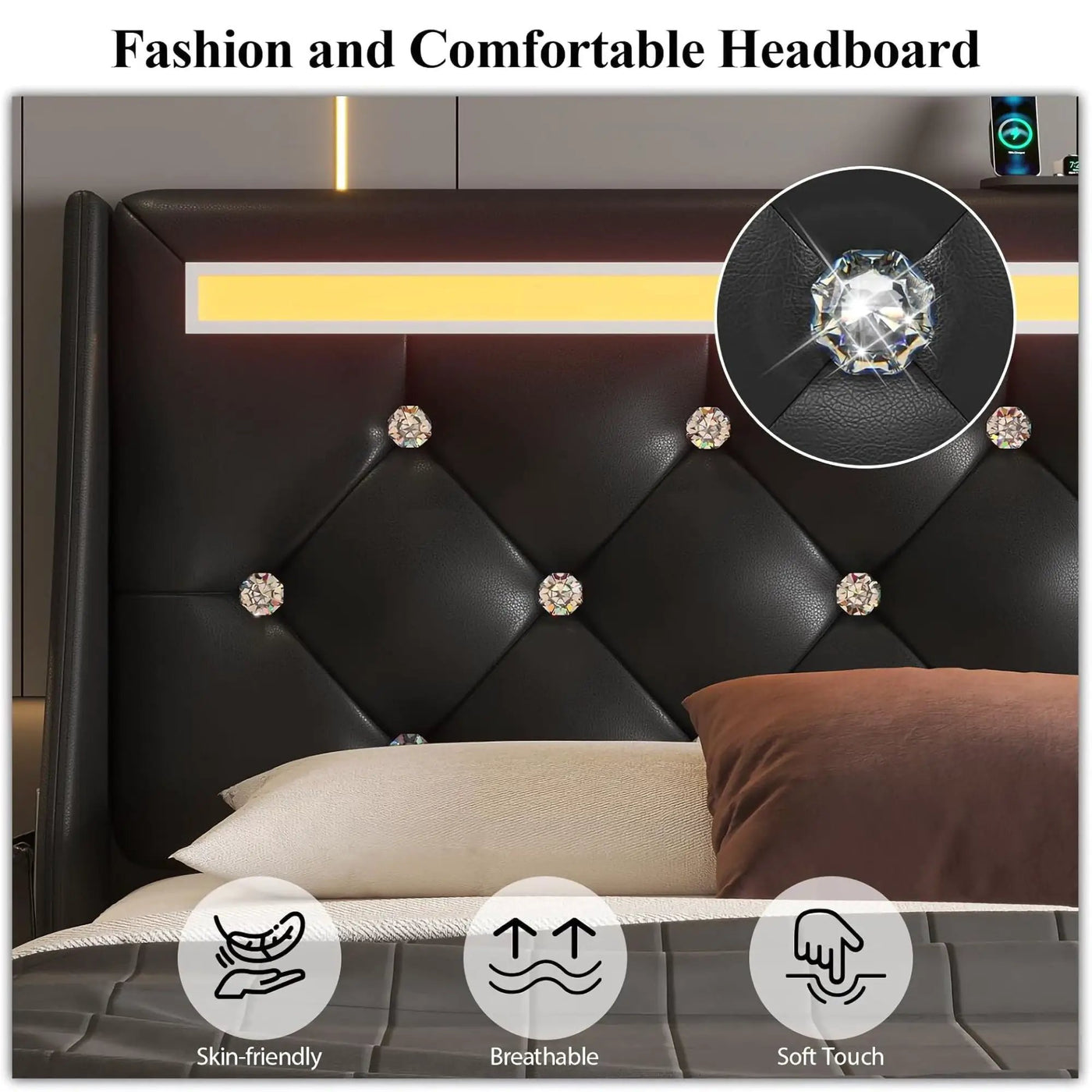 Wingback Upholstered Bed Frame With LED Lights, Charging Station by HouseOfZazla