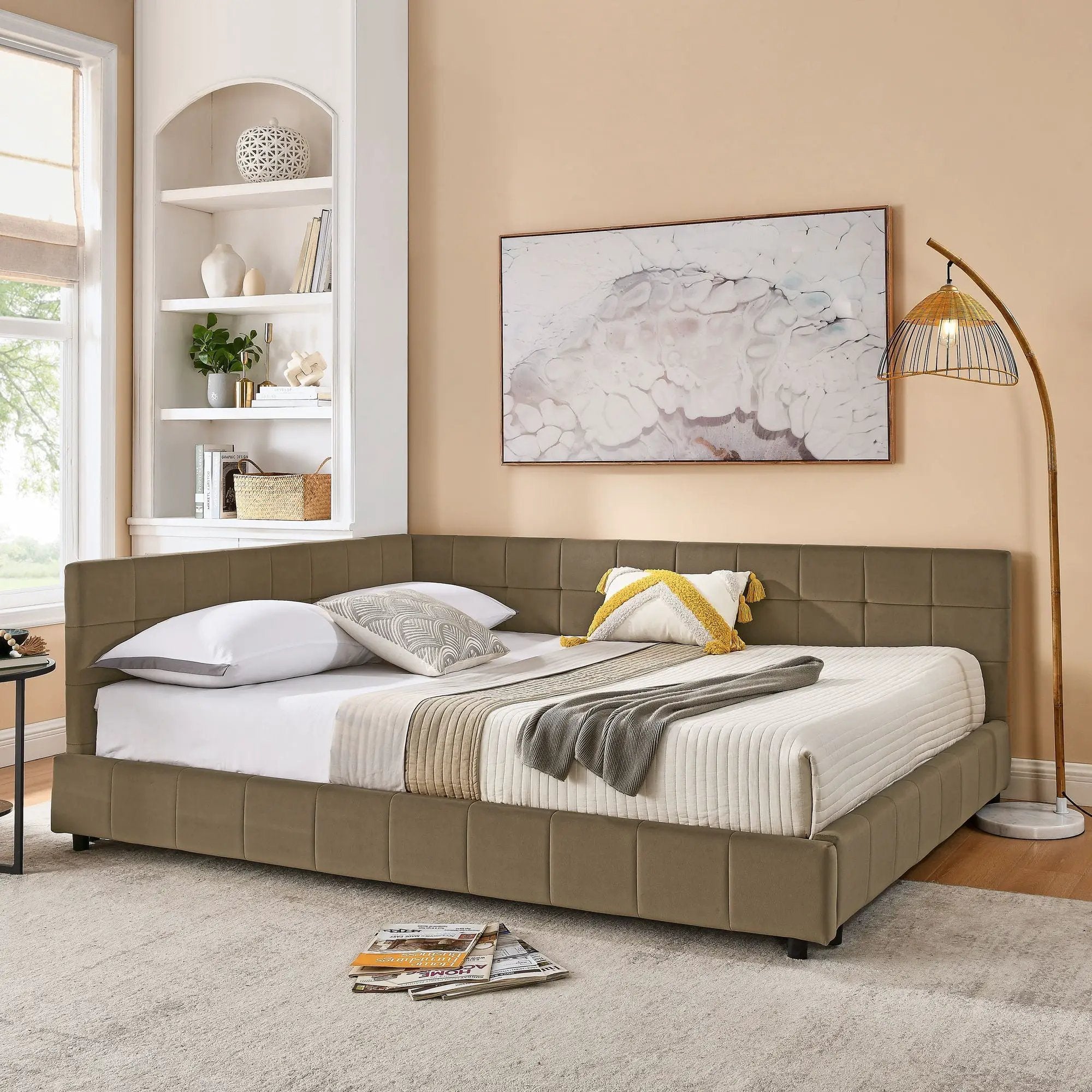 Mid-Century Storage Upholstered Tufted Bed Frame With Backrest And Armrests by Unique Piece Furniture