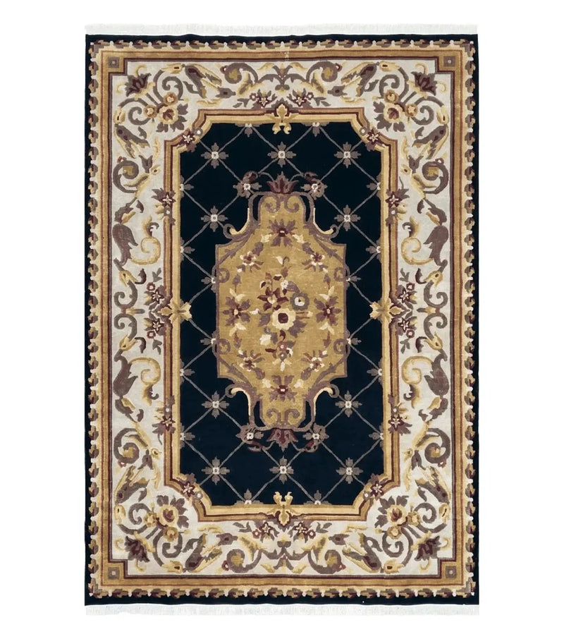 6x9 Nepalese Rug, Aubusson Savonnerie Area Rug 6 x 9 with Soft Pile, Hand-Knotted Wool Black & Beige Tibetan New Carpet European Design by Jewel Rugs
