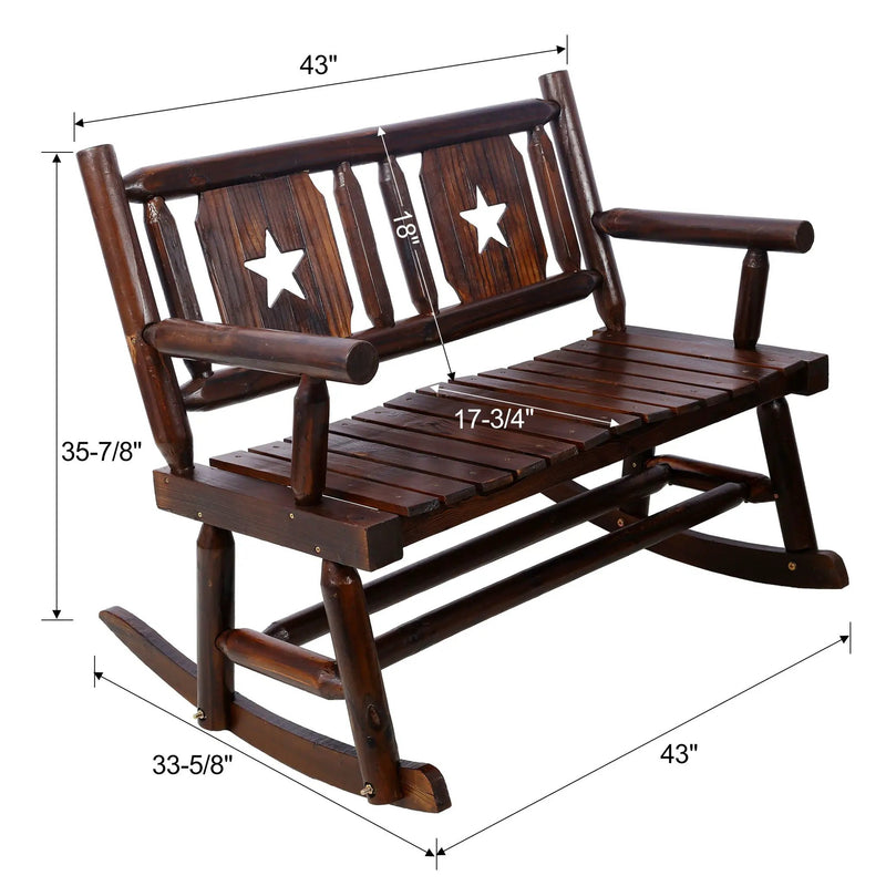 Rustic Outdoor Wood Rocking Bench Double Rocking Chair For 2 Persons With Curved Seat, Porch Rocker - Brown by HouseOfZazla