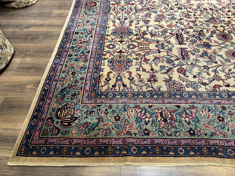 Antique Persian Rug 10x15, Camel and Cyan, Allover Pattern, Rare, Samarkand Rug by Jewel Rugs