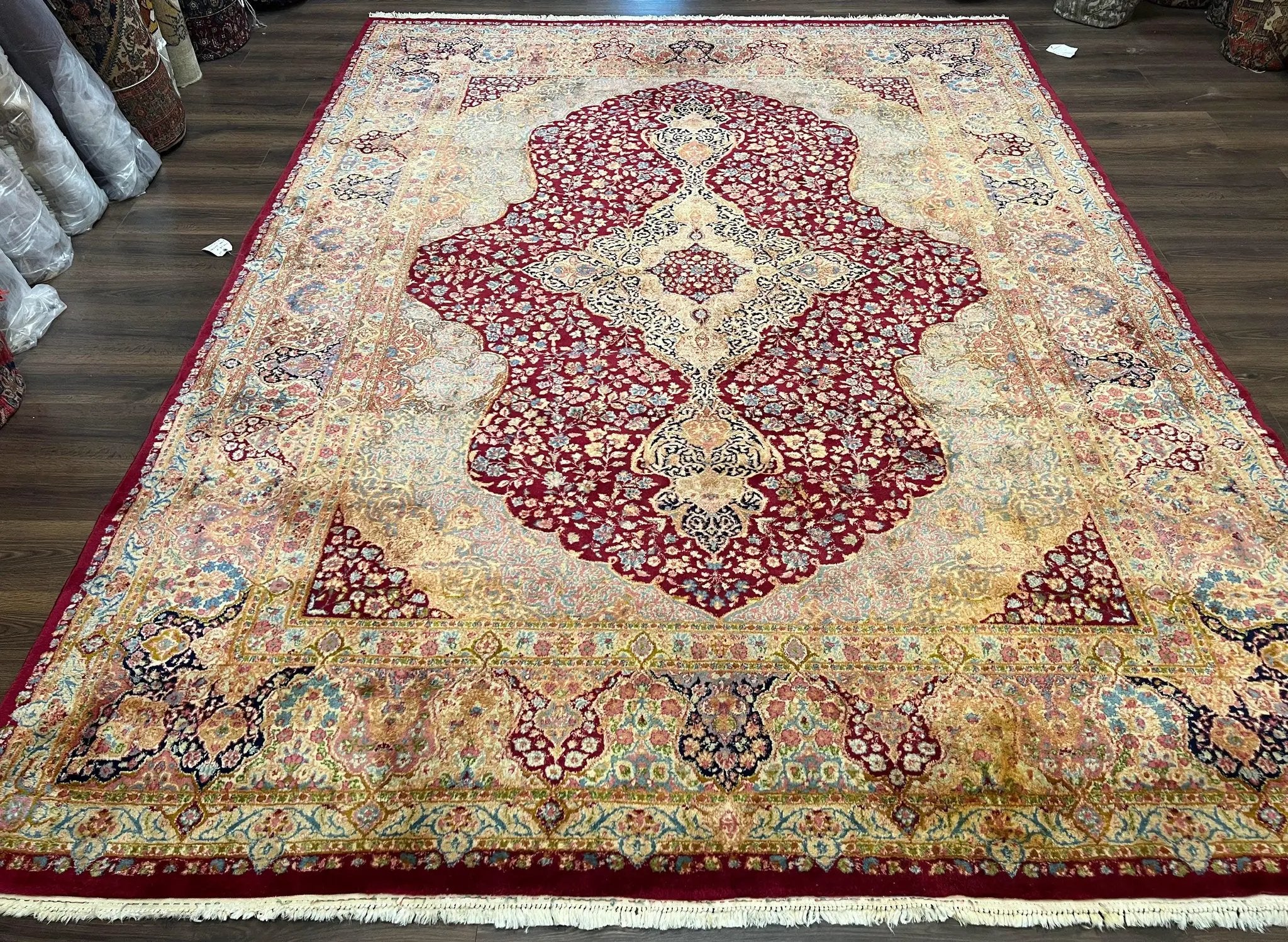 Persian Rug 9x12, Kirman DeLuxe, Millefleur Floral Medallion Carpet, Maroon Light Blue Beige, Semi Antique Authentic Hand Knotted Wool Rug by Jewel Rugs
